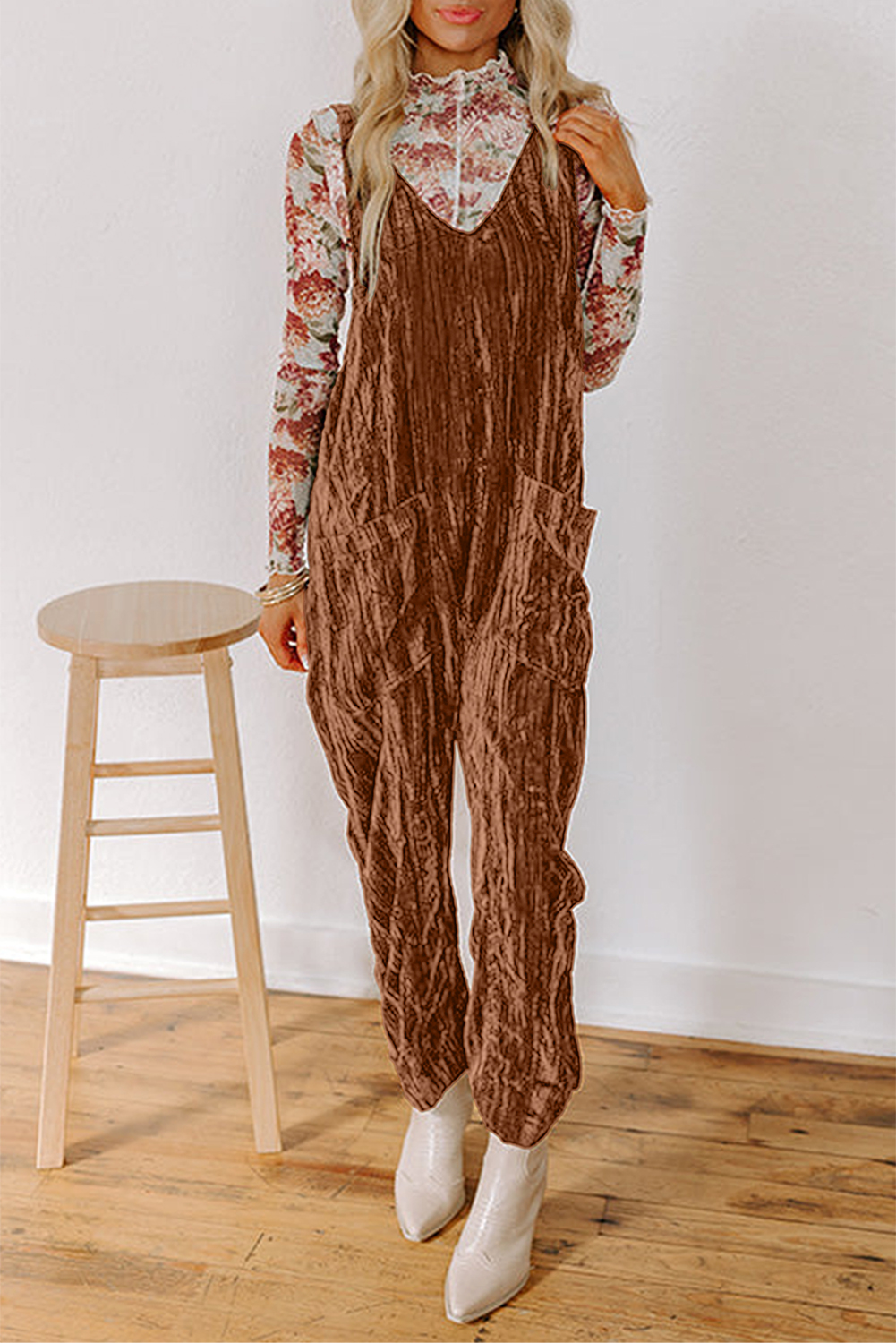 Chicory Coffee Velvet Adjustable Straps Patched Pocket Sleeveless Jumpsuit - loveforevers