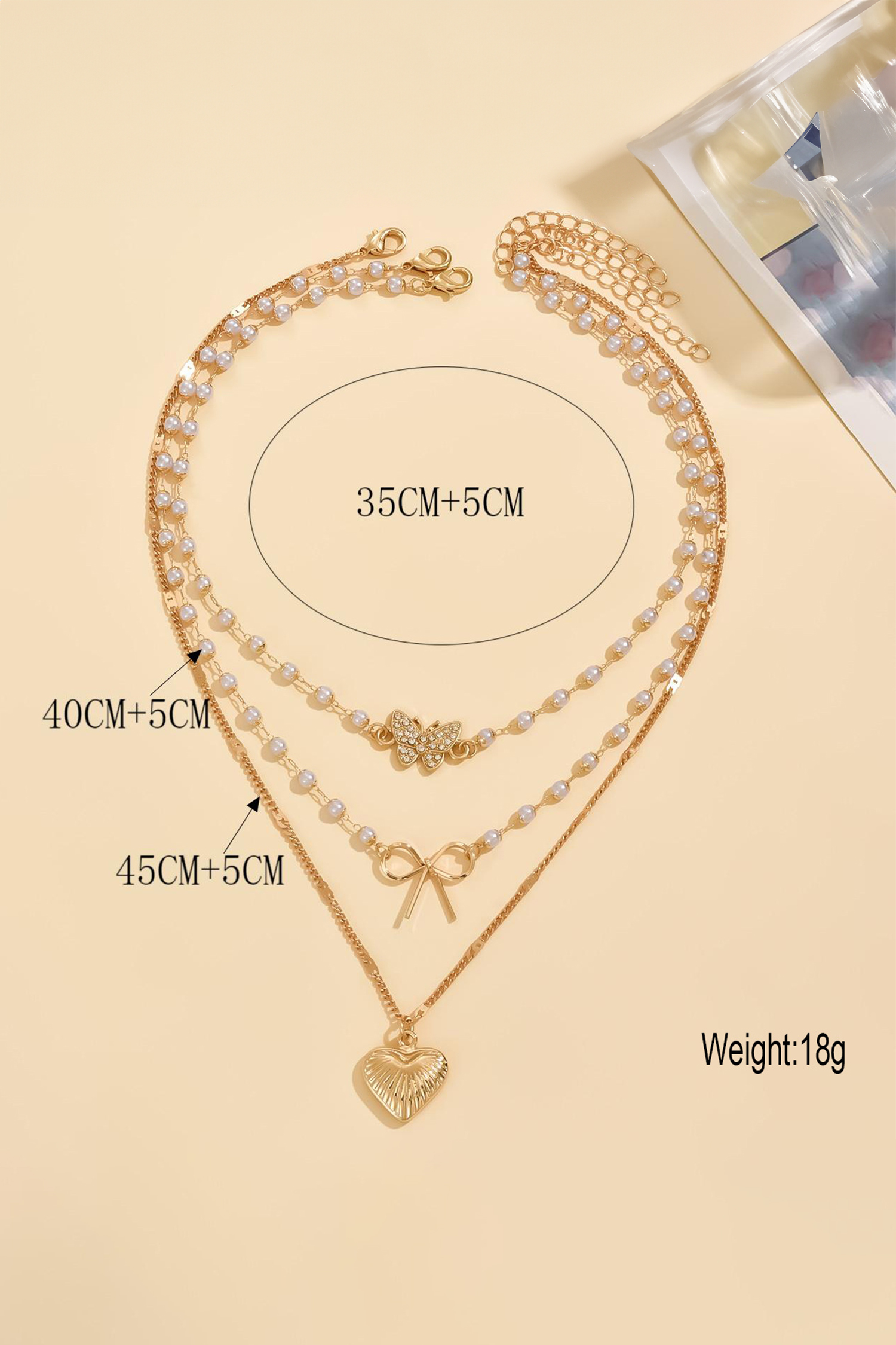 Gold Shell Heart Bow Butterfly Charm 3pcs Pearl Embellished Necklace Set - loveforevers
