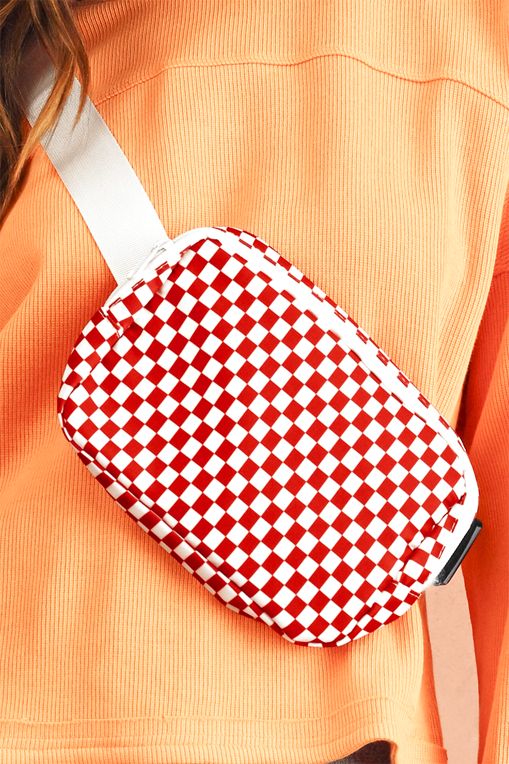 Fiery Red Checkered Print Zipped Buckle Strap Crossbody Bag - loveforevers
