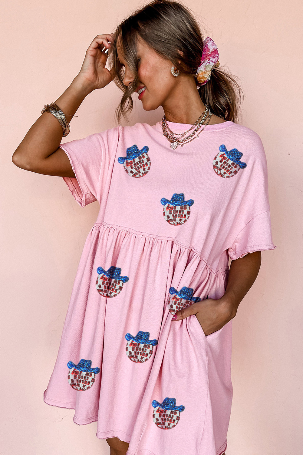 Light Pink American Flag Inspired Sequin Disco Ball Patched Shift Mini Dress - loveforevers