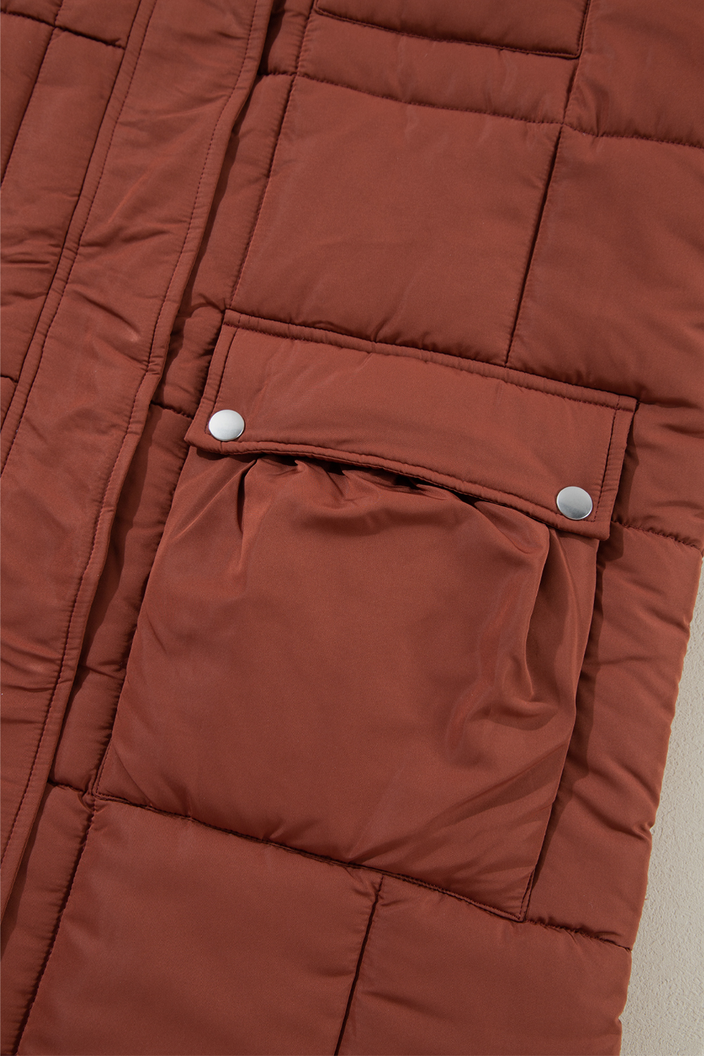 Coffee Quilted Puffer Stand Neck Zipped Mid-length Coat - loveforevers