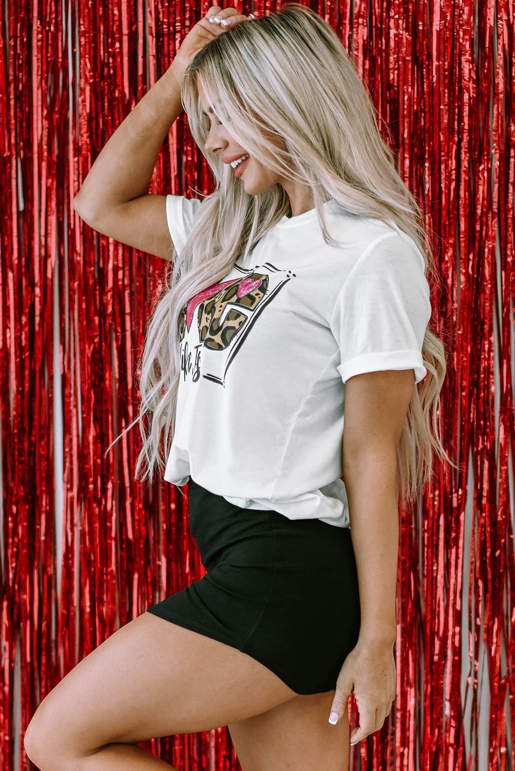 Red Leopard Striped Heart Shaped Print Crew Neck T Shirt - loveforevers