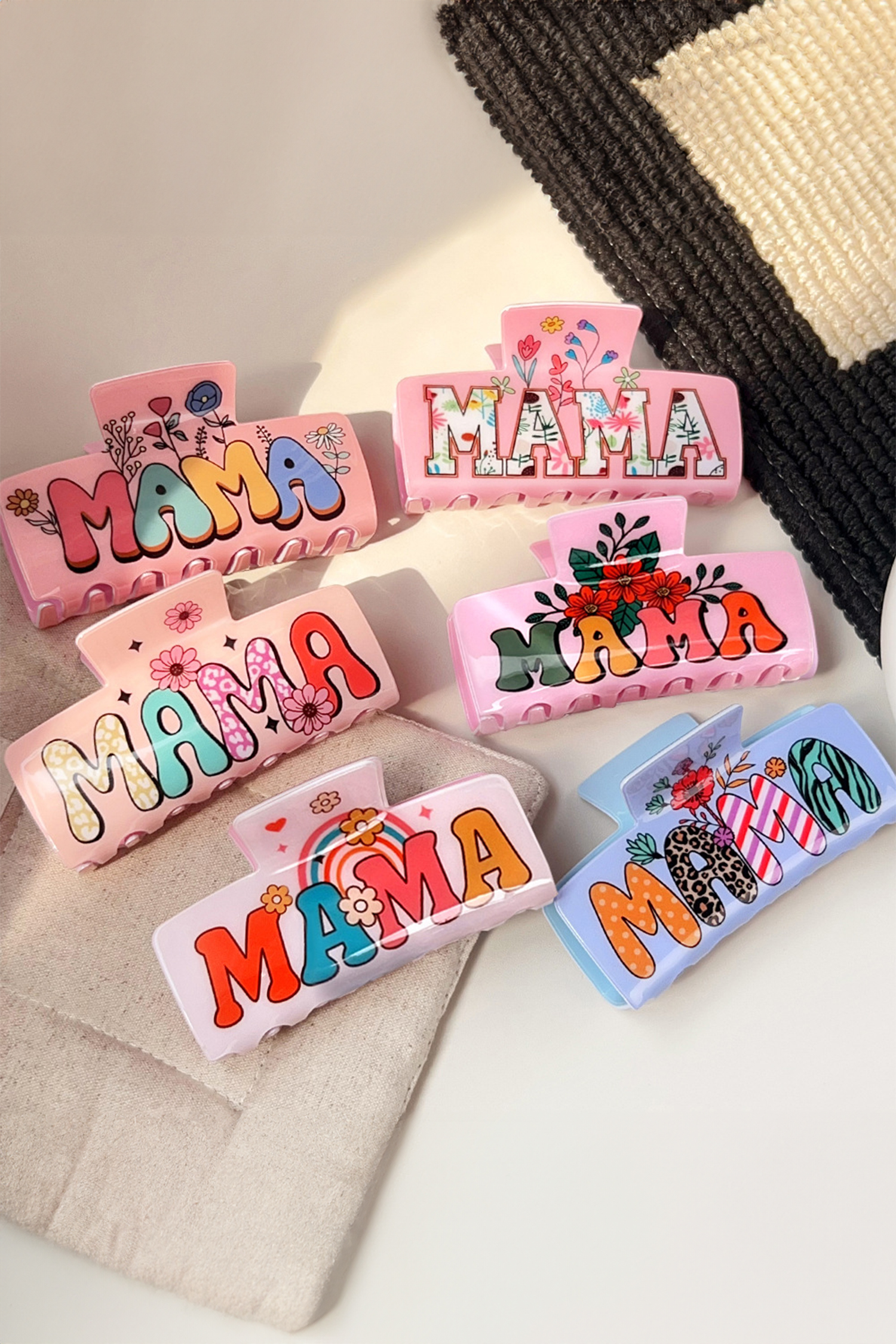 Pink MAMA Flower Printed Acrylic Large Square Hair Claw Clip - loveforevers
