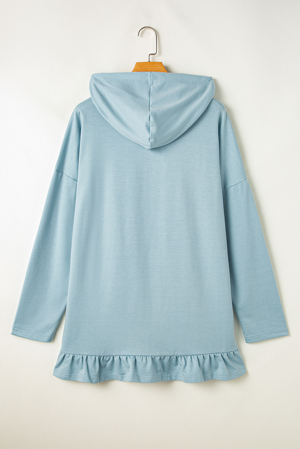 Iceland Blue Solid Ruffled Hem Loose Fit Tunic Hoodie - loveforevers