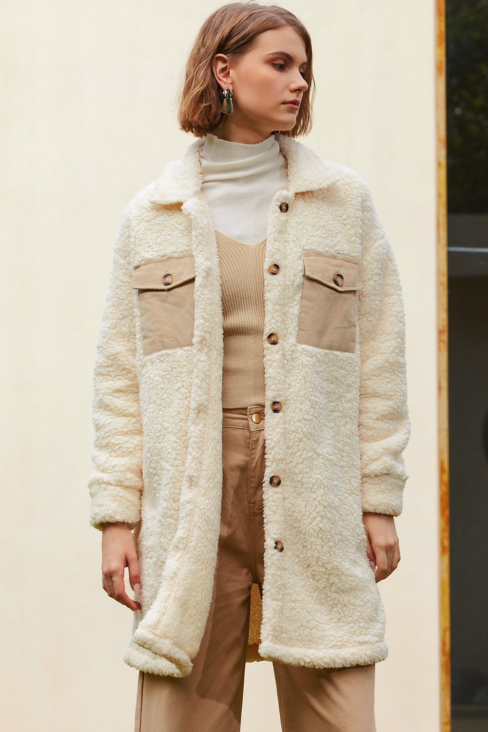 Beige Contrast Flap Pocket Single Breasted Teddy Coat - loveforevers