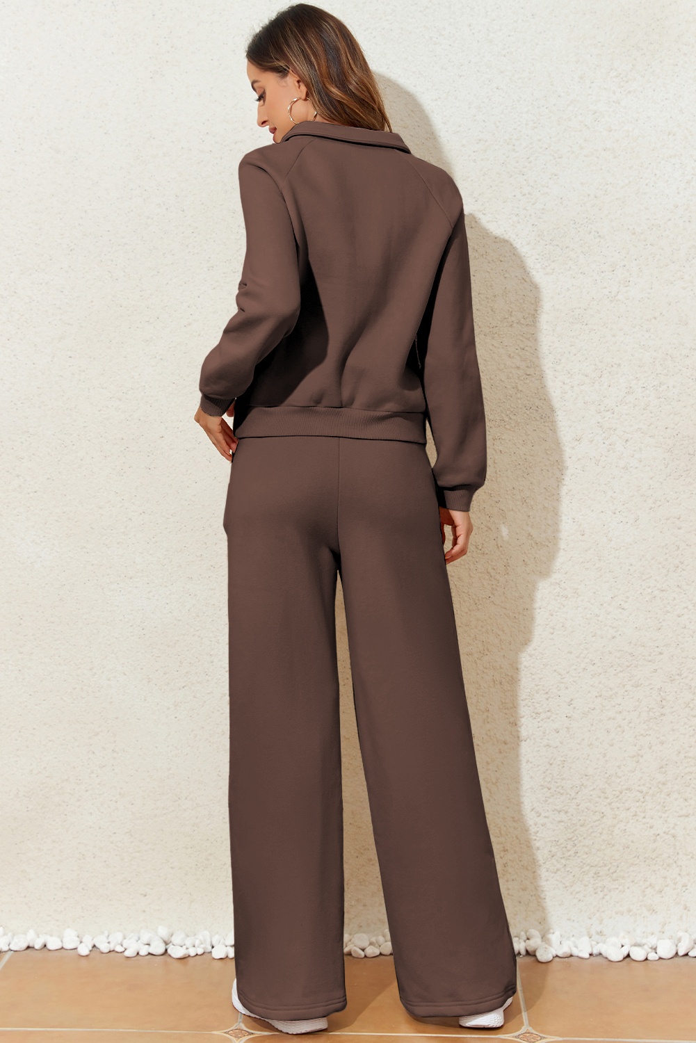 Dark Brown Solid Collared Sweatshirt and High Waist Pants Active Set - loveforevers