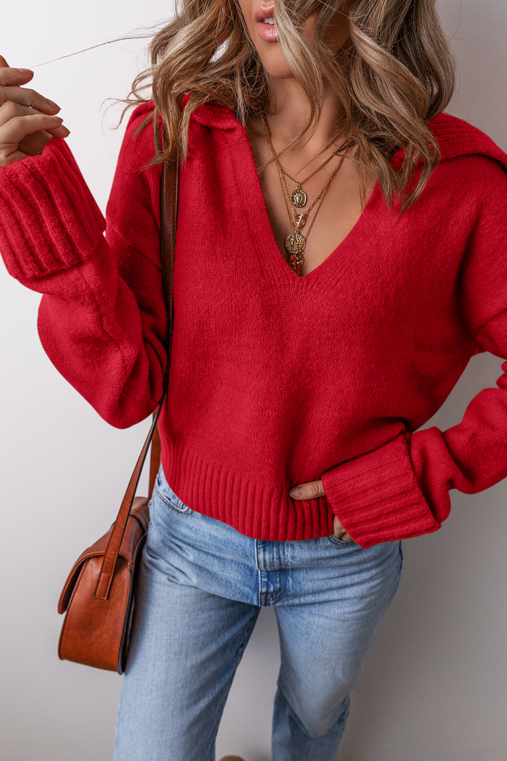 Racing Red Collared V Neck Ribbed Edge Sexy Elegant Sweater - loveforevers