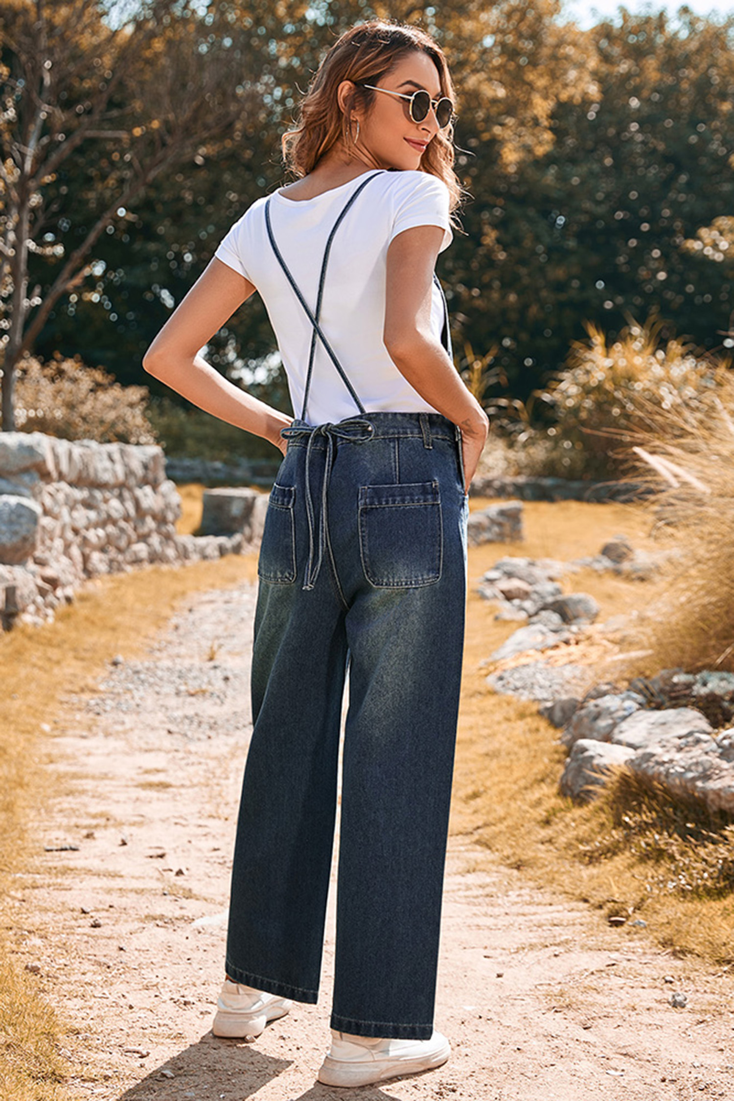 Dark Blue Crossed Tie Straps Bib Pocket Loose Denim Overalls - loveforevers