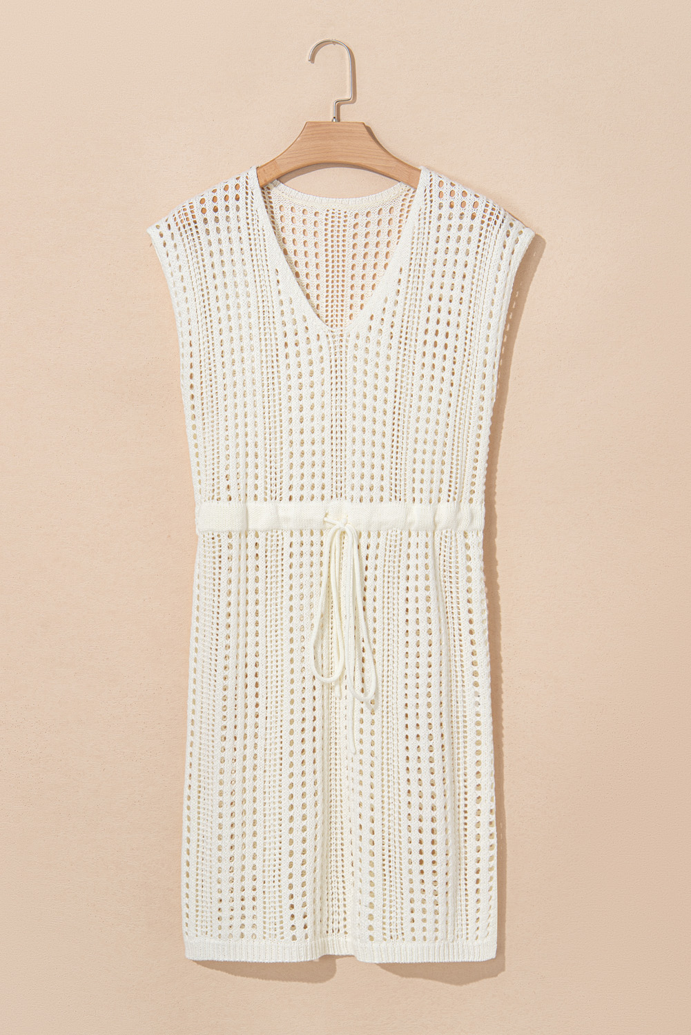 Beige Open Knit Drawstring Waist Beach Dress - loveforevers