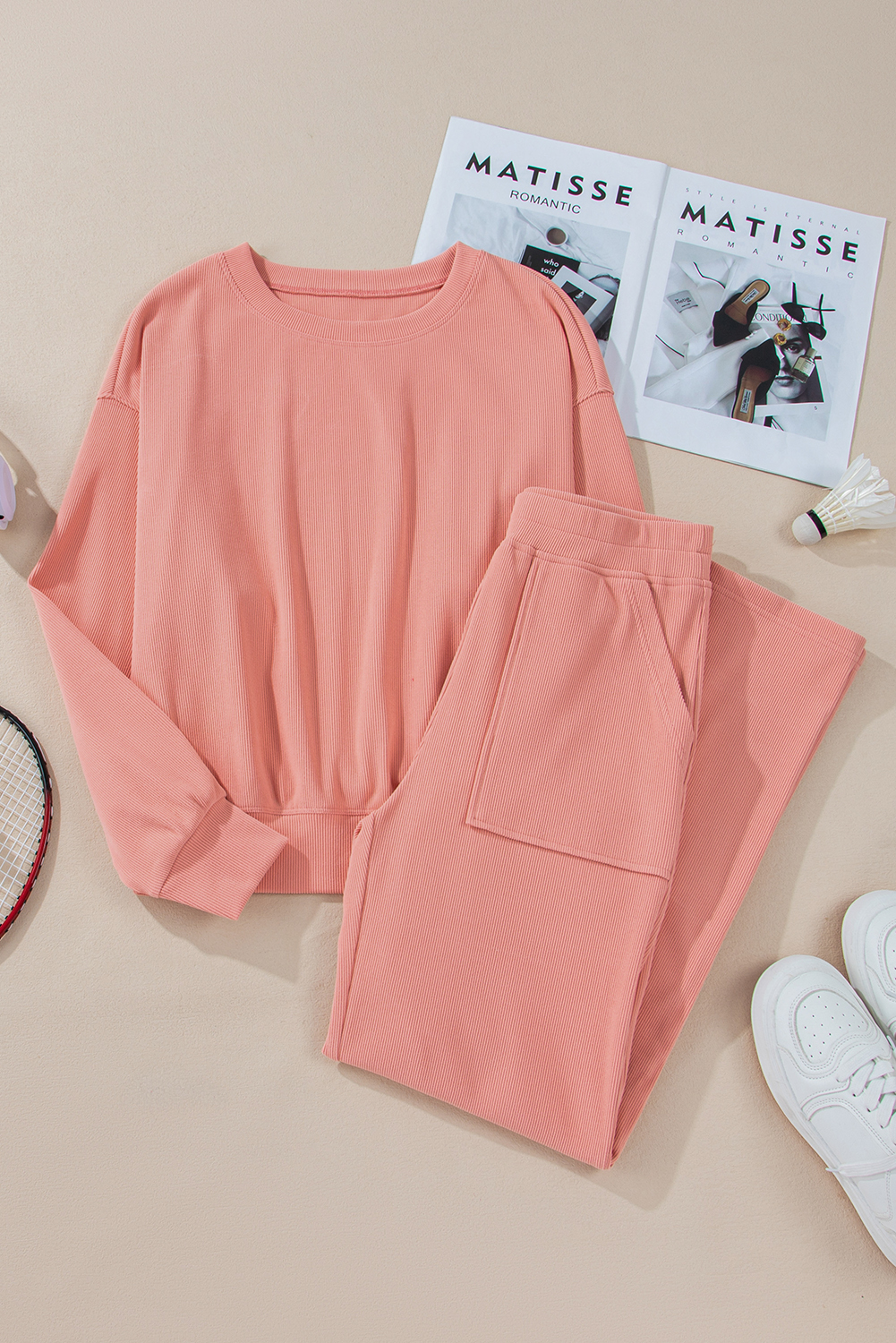 Blossom Ribbed Knit Drop Shoulder Pocketed Two Piece Lounge Set - loveforevers