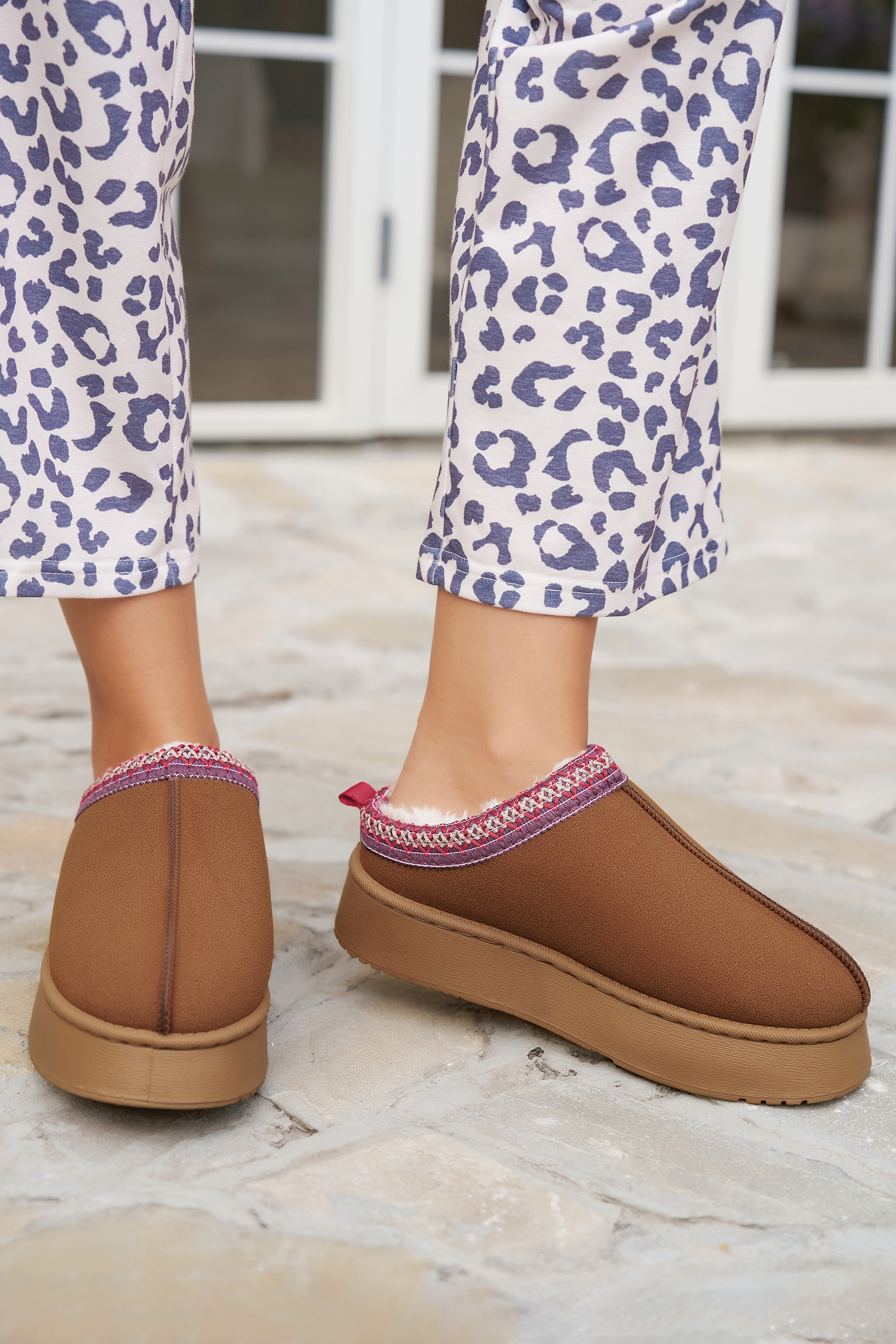 Chestnut Contrast Print Suede Plush Lined Snow Boots - loveforevers
