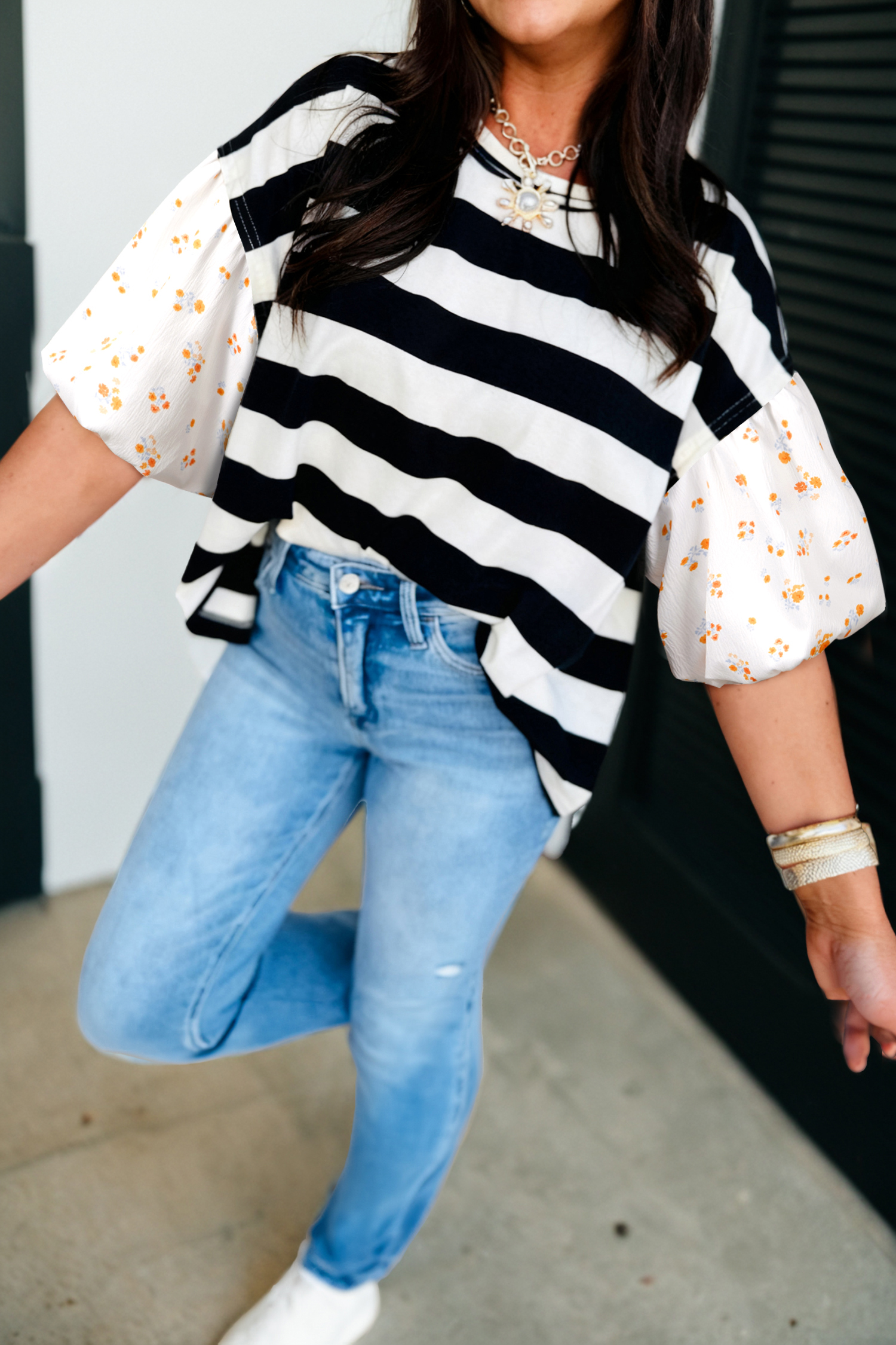Black Stripe Floral Print Puff Sleeve Patchwork Blouse - loveforevers