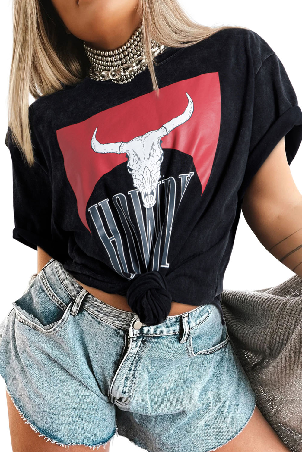 Black Western HOWDY Steer Head Print Side Slits Loose Fit T Shirt - loveforevers