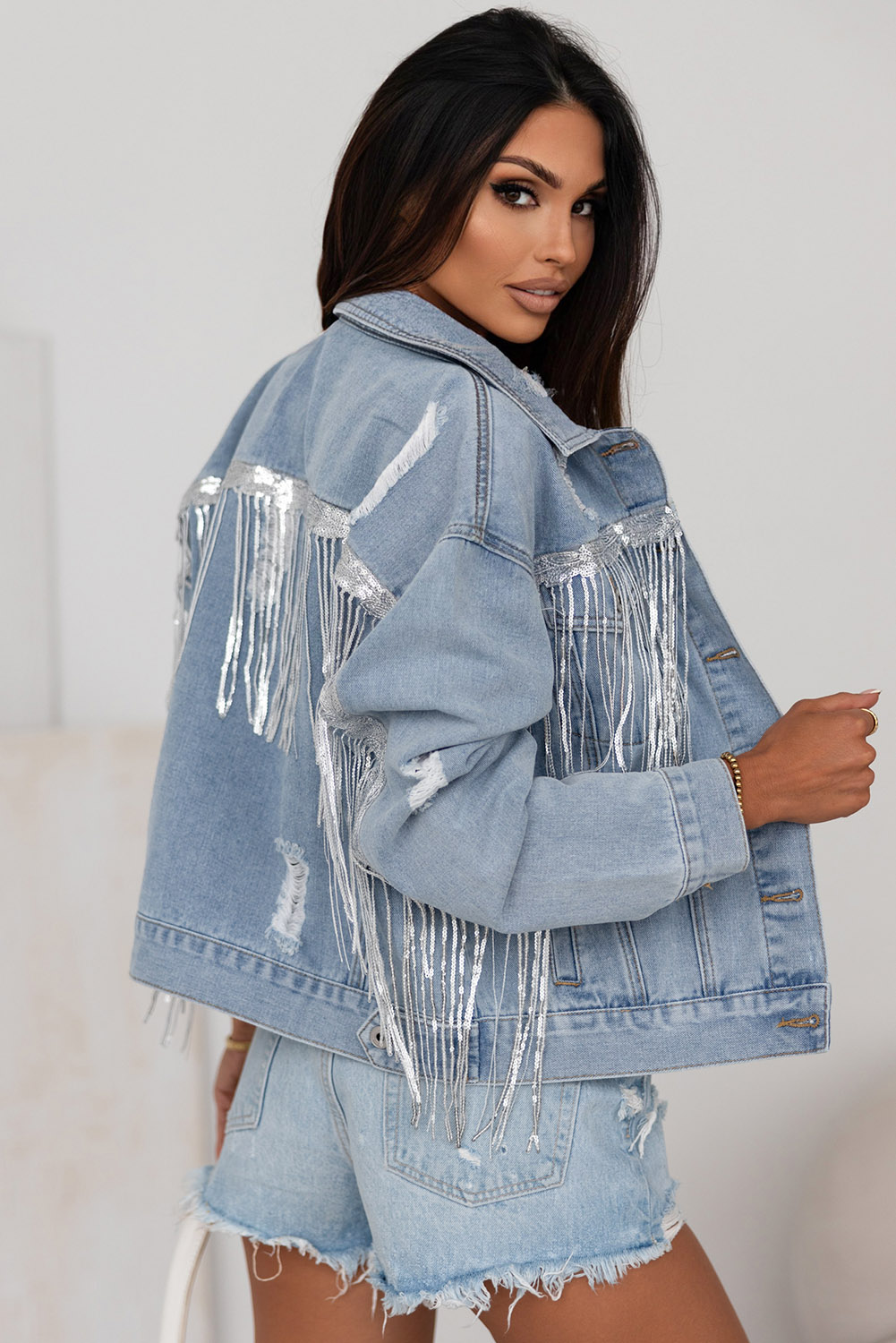 Sky Blue Sequin Embellished Fringe Distressed Denim Jacket - loveforevers
