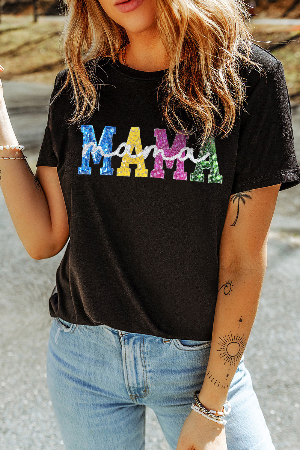 Black Sequin MAMA Double Letter Graphic Tee - loveforevers