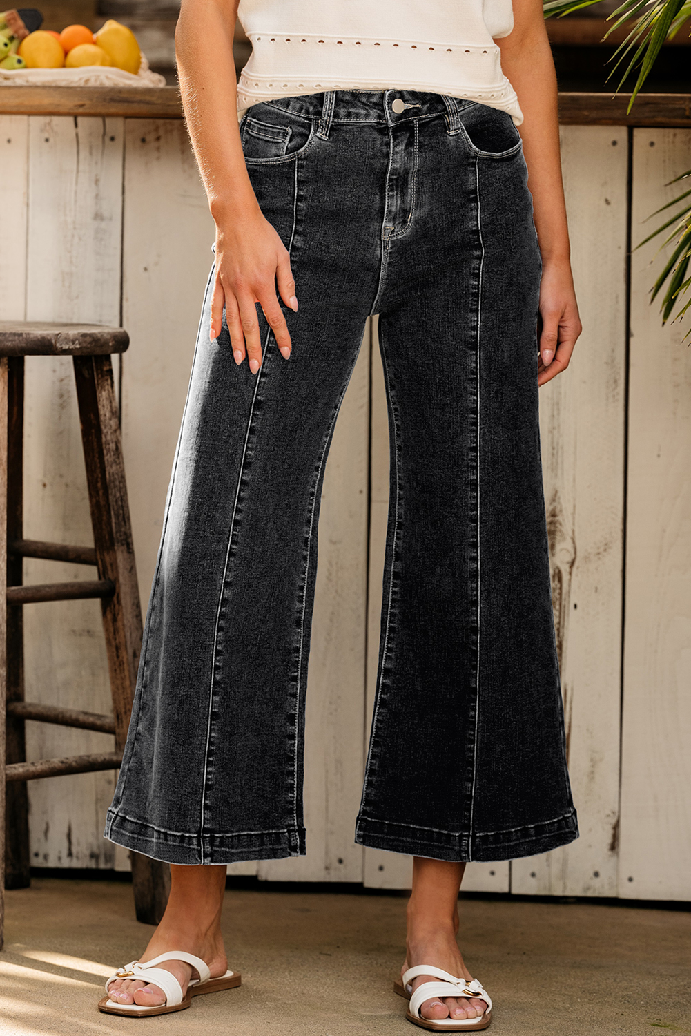 Black Plain Seam Detail Flared Bottom Ankle Length Jeans - loveforevers