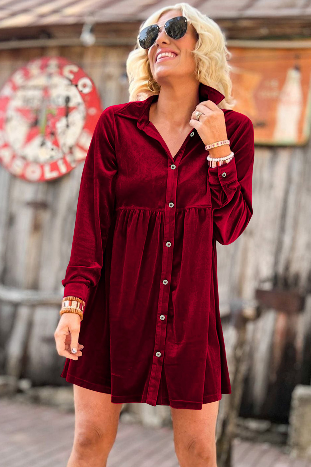 Fiery Red Long Sleeve Ruffle Velvet Button Up Dress - loveforevers