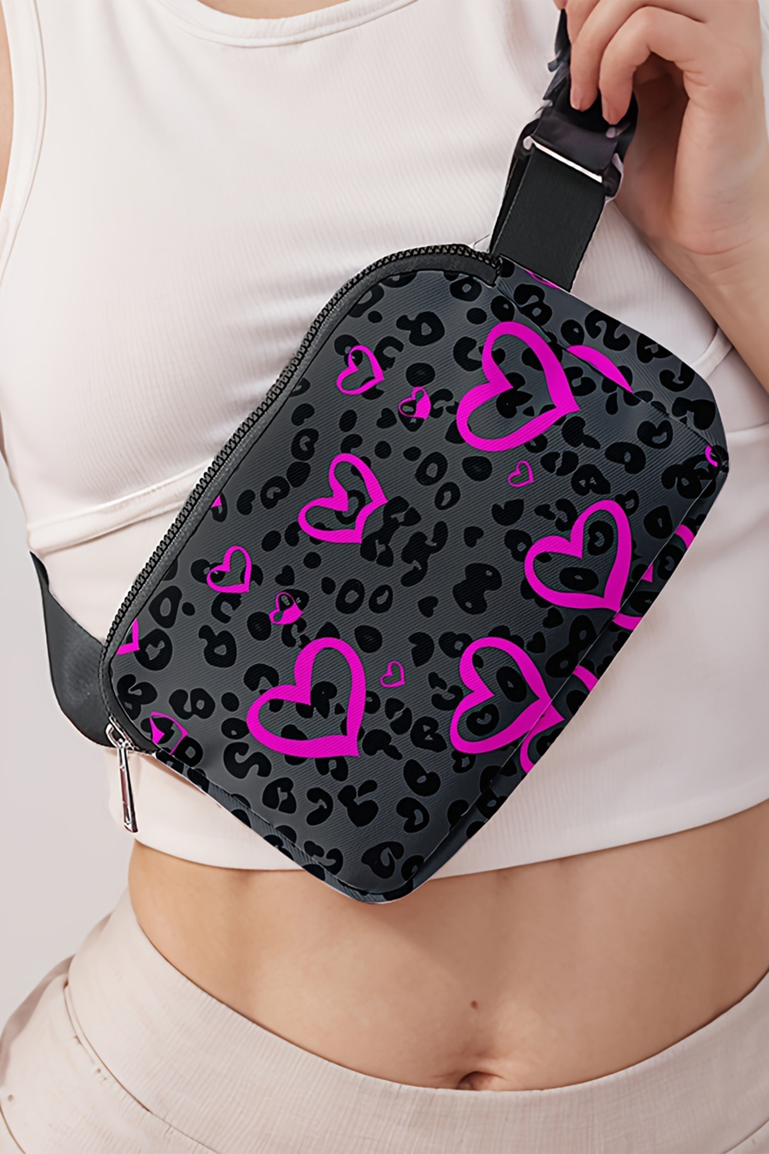 Dark Grey Leopard Heart Printed Canvas Crossbody Bag - loveforevers