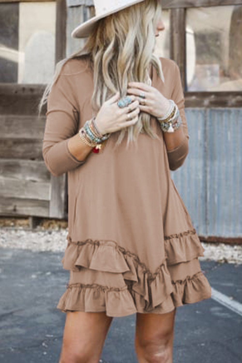 Goat Scoop Neck Tiered Ruffled Hem Long Sleeve Mini Dress - loveforevers