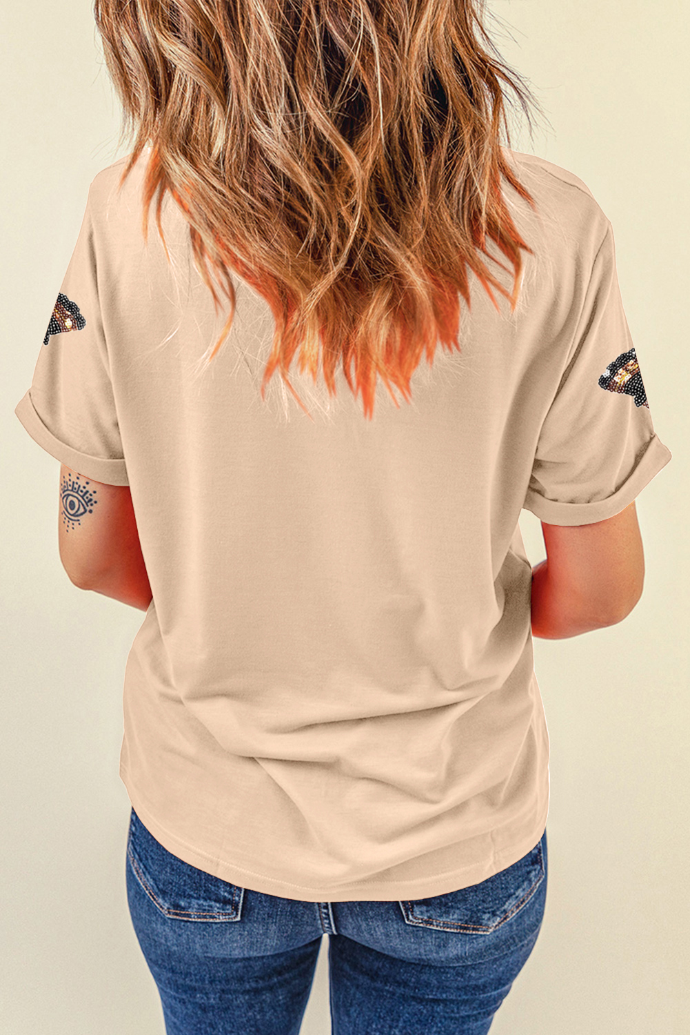 Khaki Sequined Turkey Patched Pattern Crewneck Thanksgiving T Shirt - loveforevers