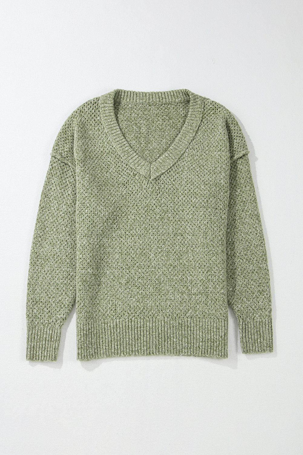 Parchment Loose Eyelet V Neck Drop Shoulder Sweater - loveforevers