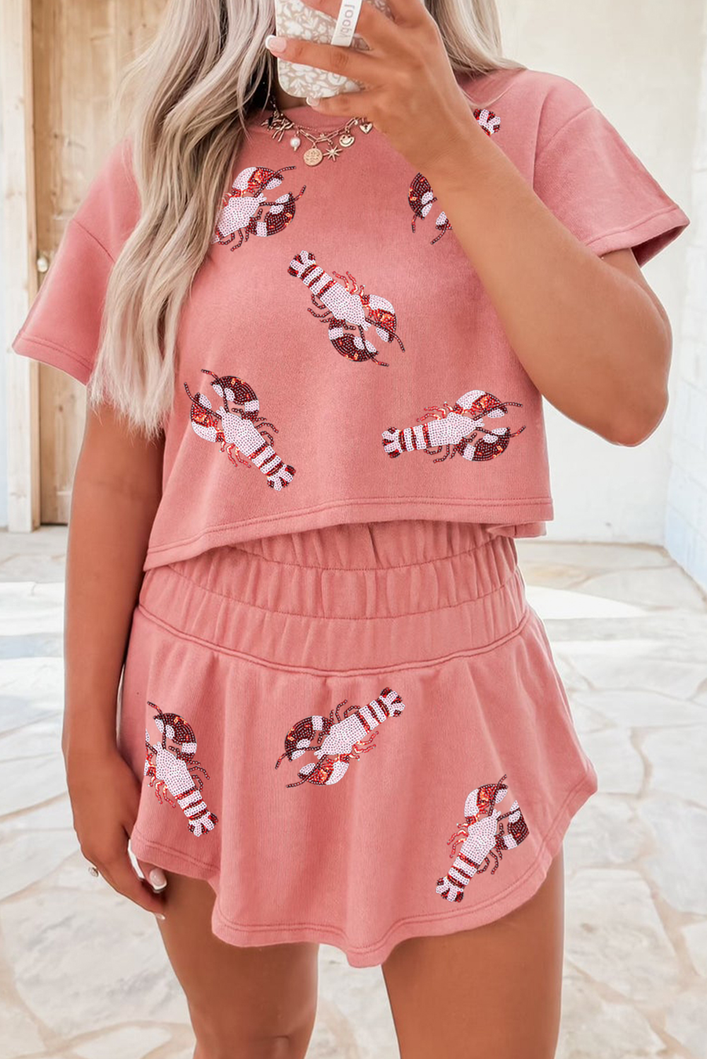 Blossom Sequin Crawfish Graphic Cropped Tee High Waist Skort 2pcs Outfit - loveforevers