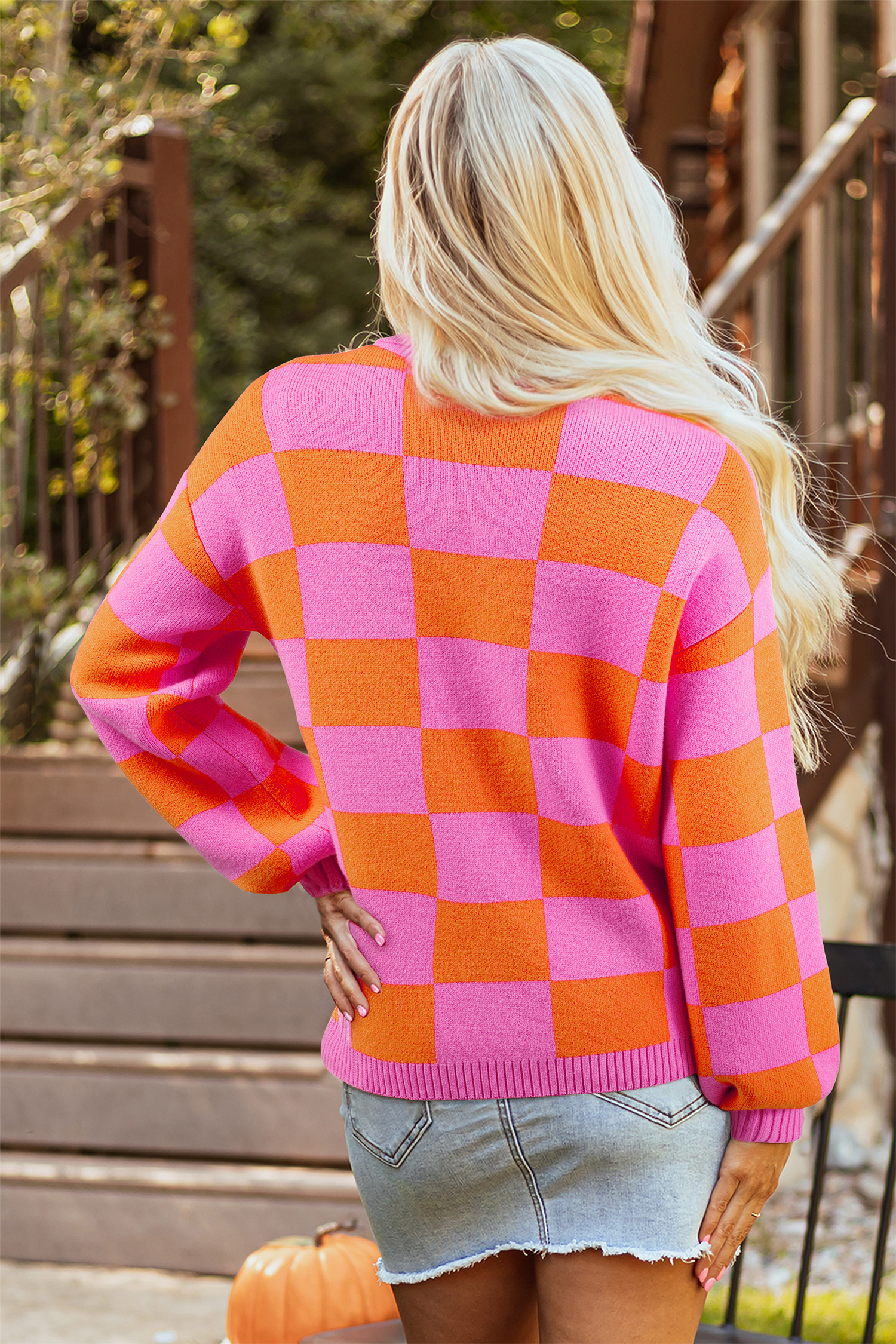 Sachet Pink Checkered Knit Polo Collar Baggy Sweater - loveforevers