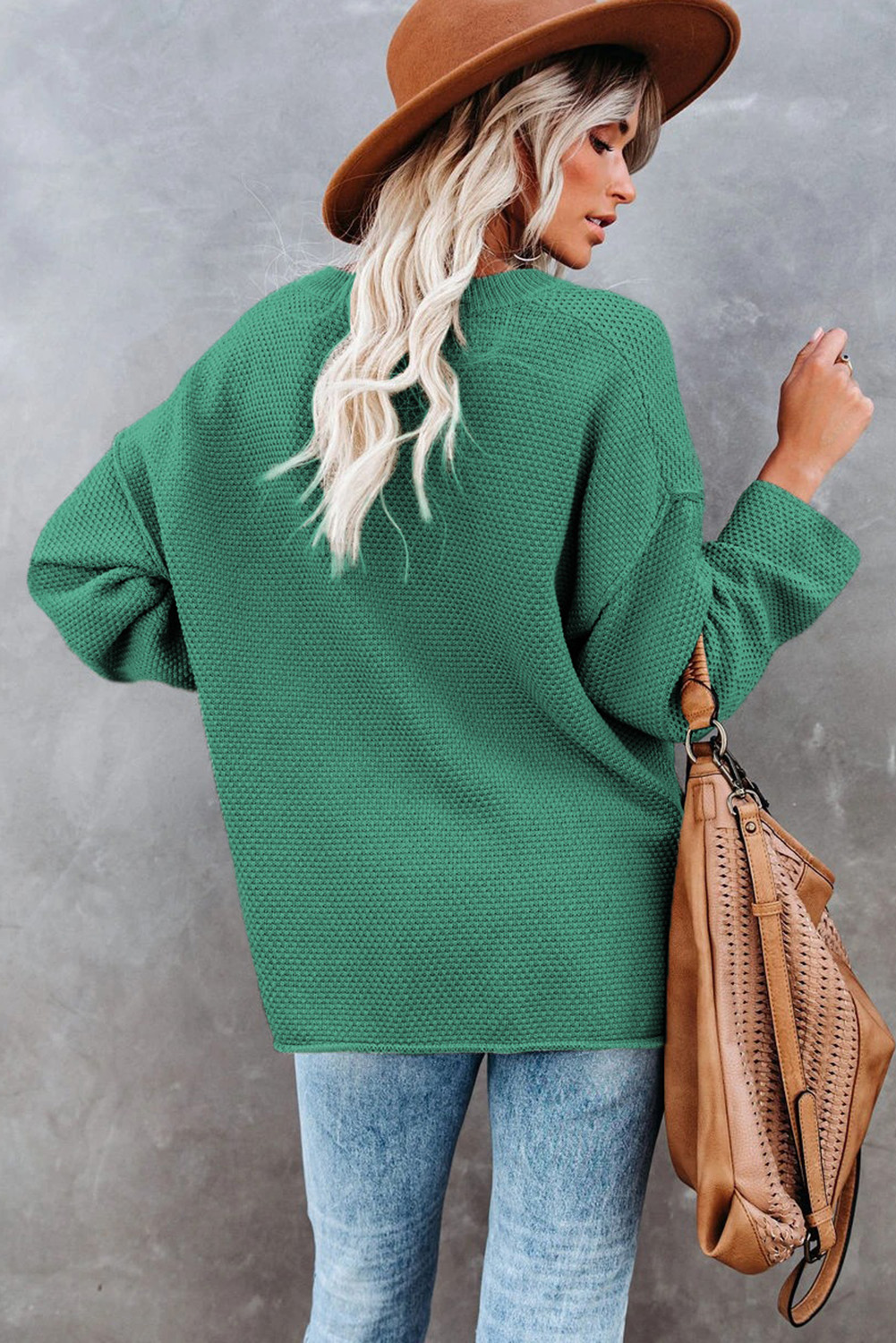 Green Henley Pullover Drop Shoulder Sweater with Slits - loveforevers