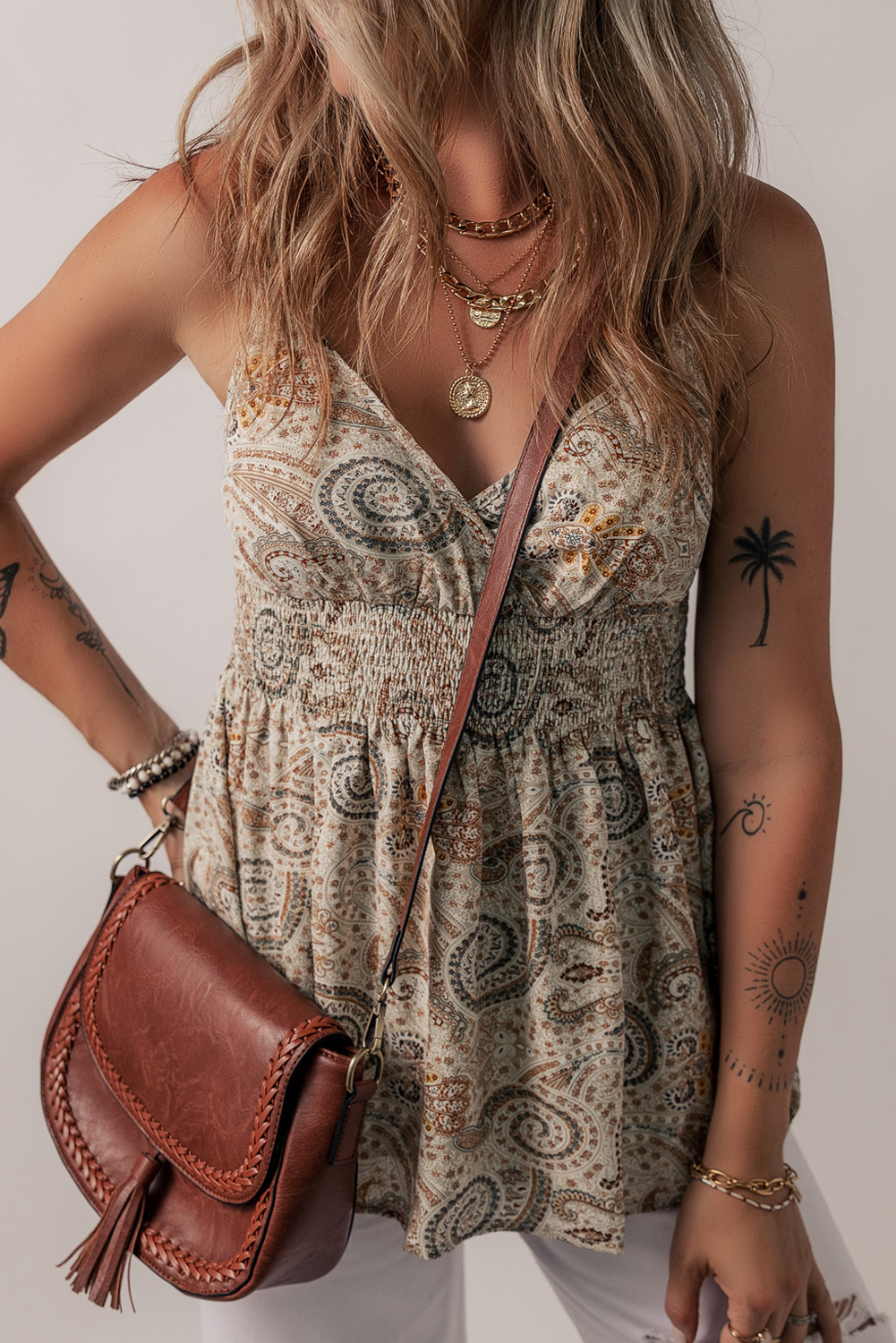 Khaki Paisley Printed Spaghetti Strap V Neck Smocked Babydoll Tank Top - loveforevers