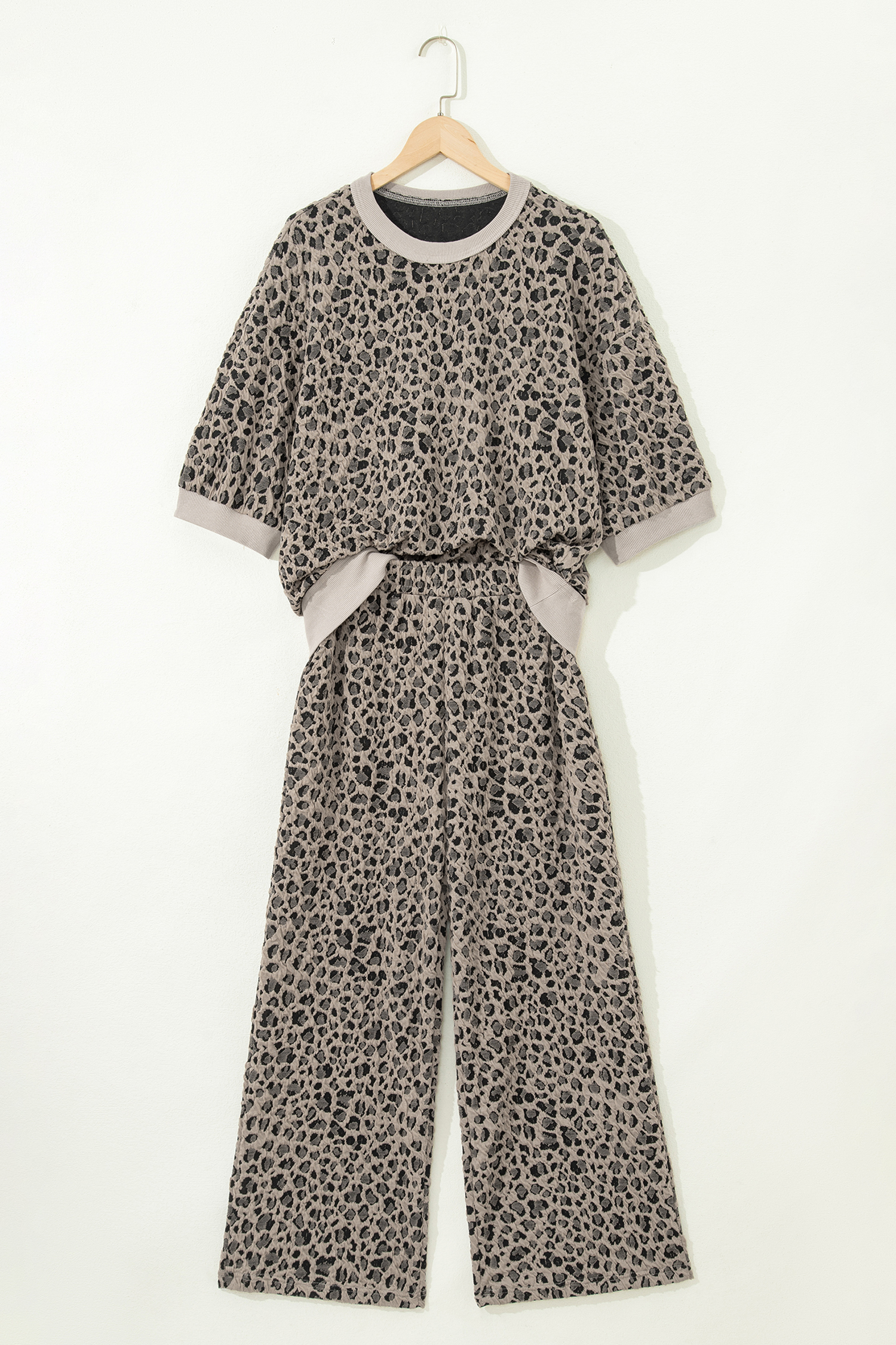 Khaki Jacquard Leopard Half Sleeve Jumper Wide Leg Pant Set - loveforevers