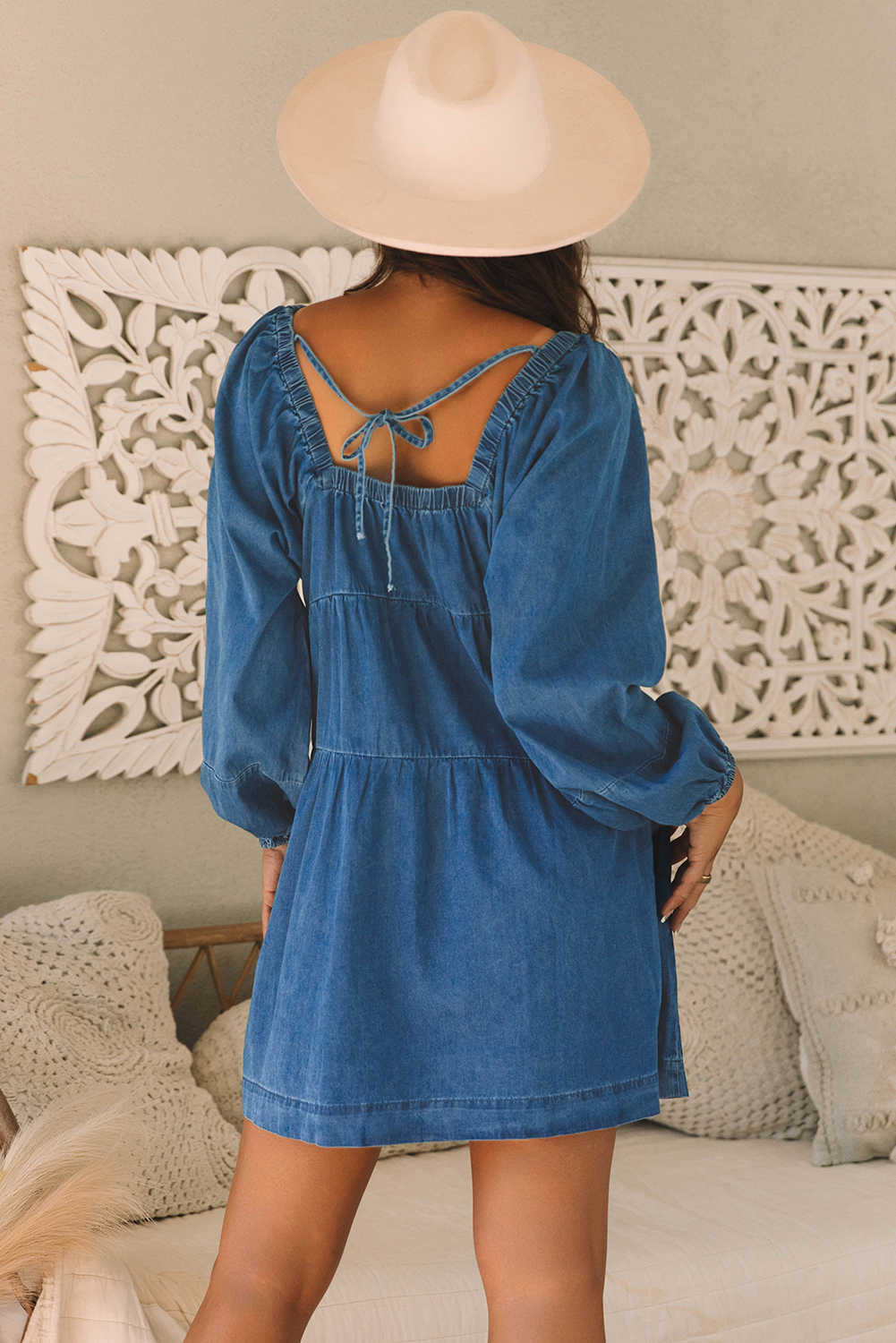 Dusk Blue Square Neck Side Pockets Loose Fit Denim Mini Dress - loveforevers