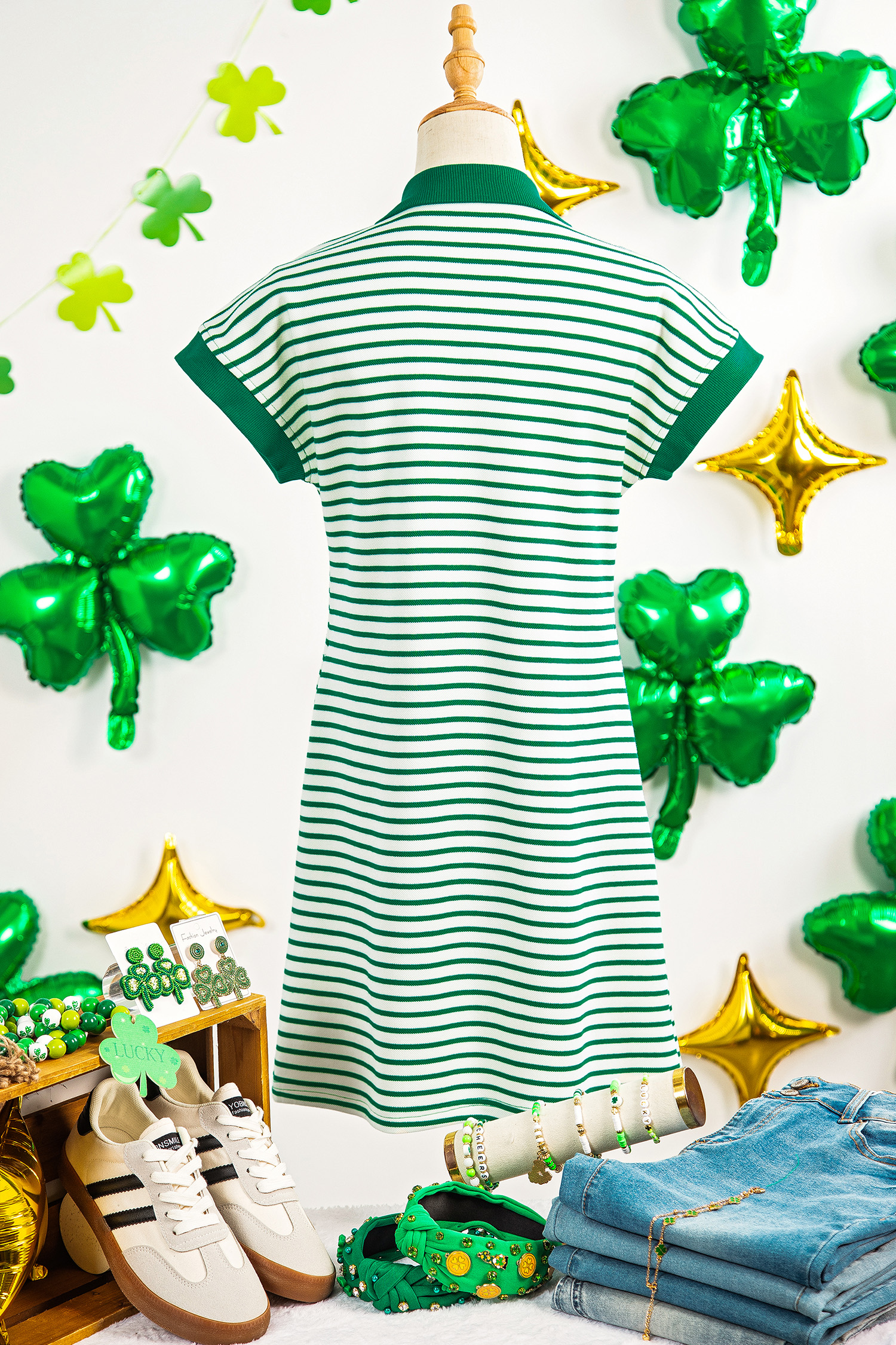 Green Stripe Magic St Patricks Day Sequin Graphic Zip Polo Tee Dress - loveforevers
