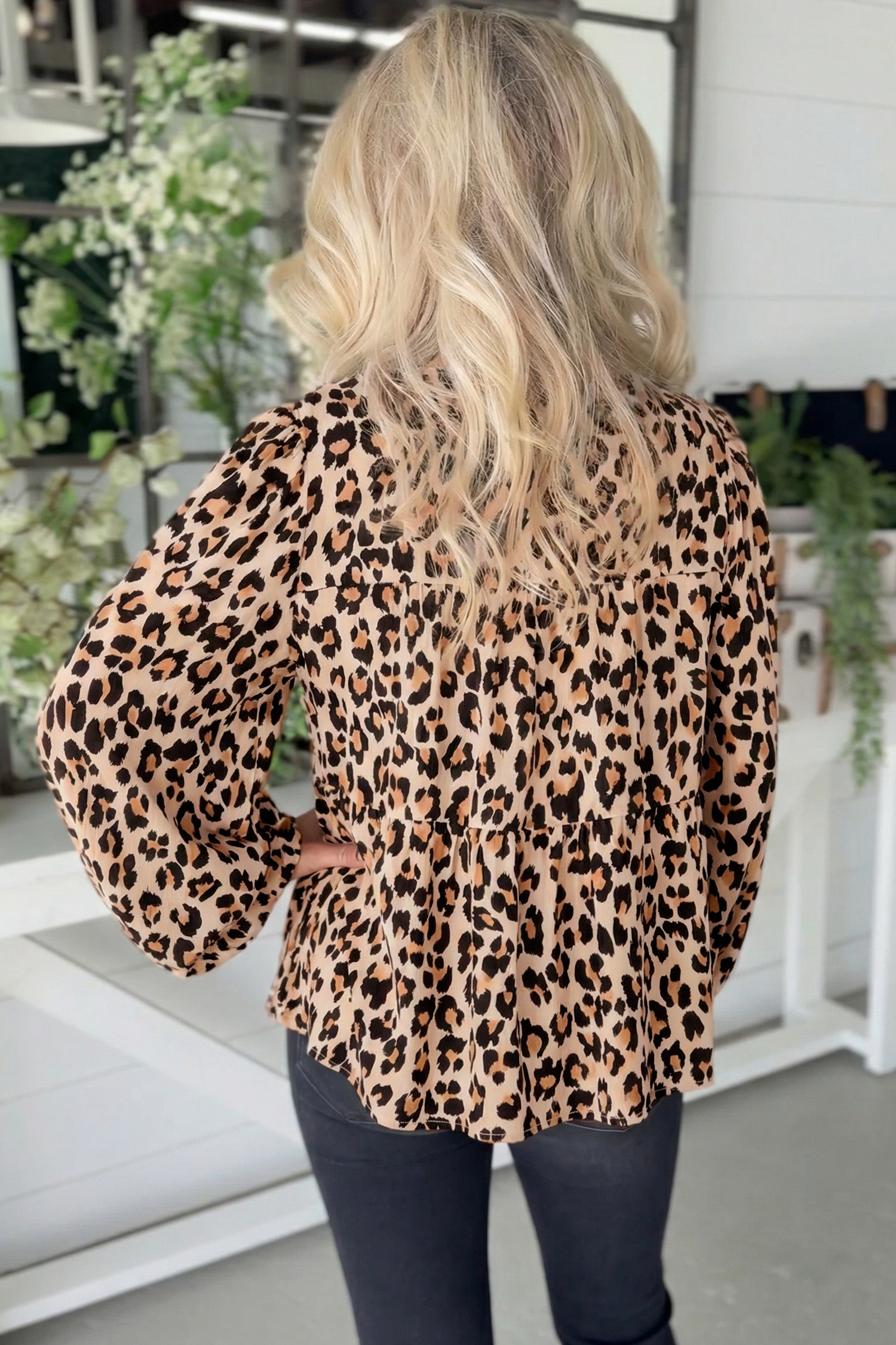 Khaki Leopard Print Tie Front Long Puff Sleeve Blouse - loveforevers