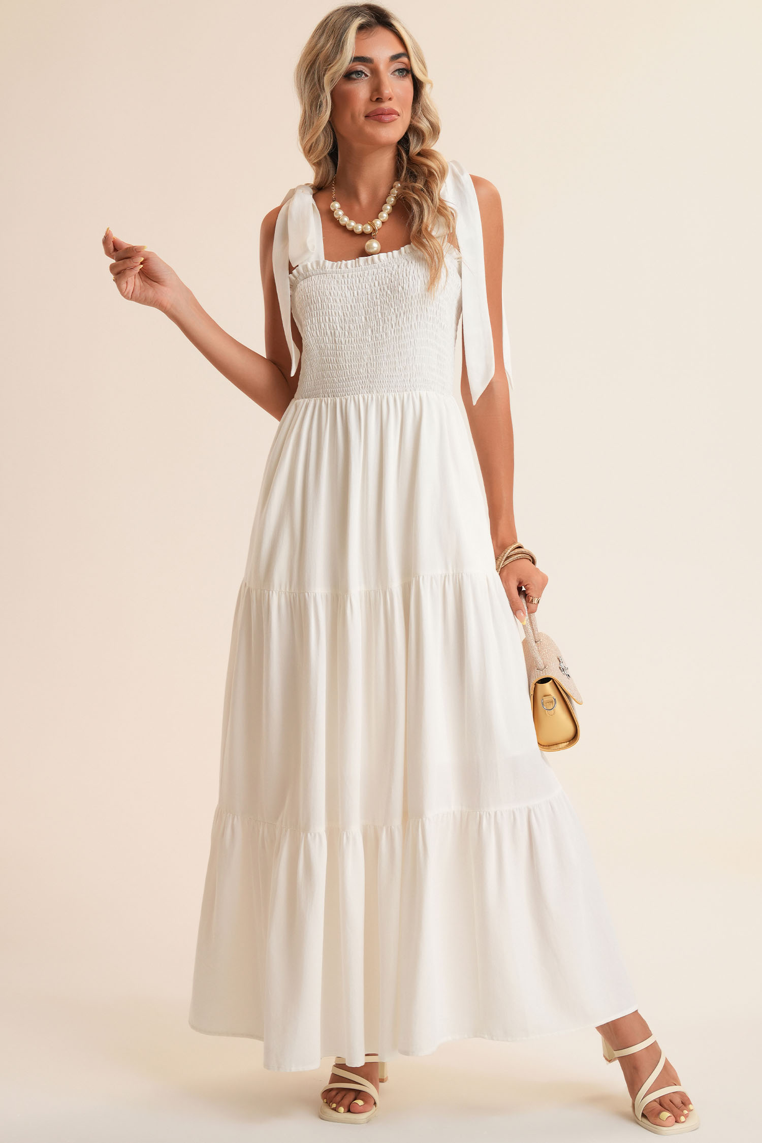 White Customizable Knot Straps Smocked Bodice Tiered Blank Maxi Dress - loveforevers