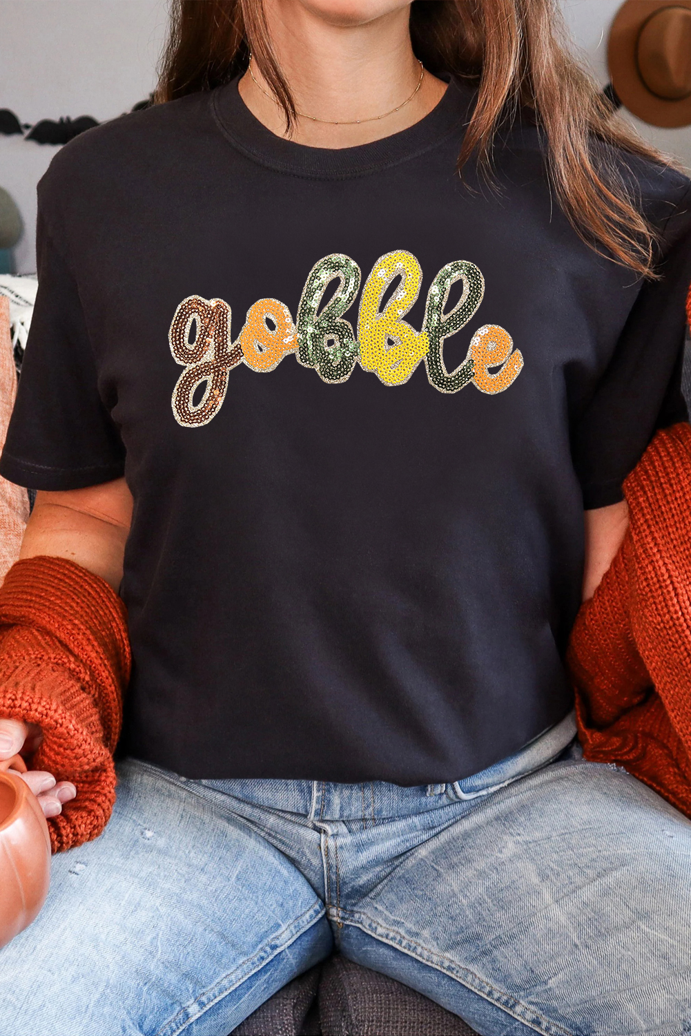 Black gobble Sequin Letter Graphic Thanksgiving T Shirt - loveforevers