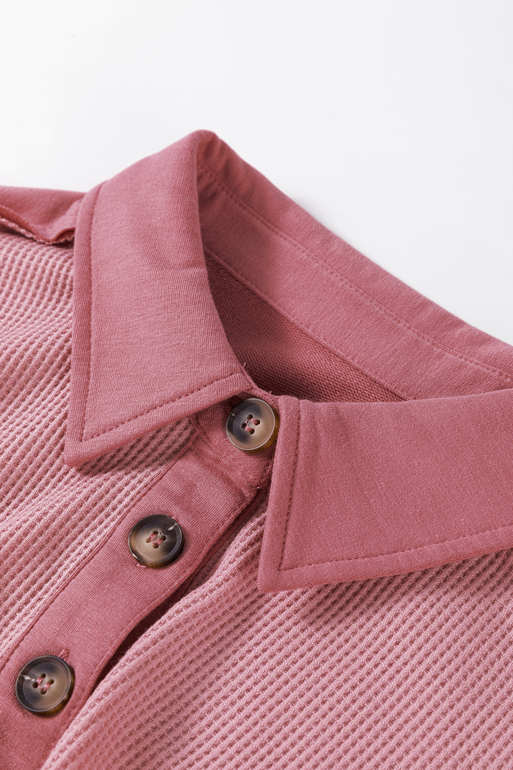 Pink Waffle Long Sleeve Collar Half Button Loose Top - loveforevers