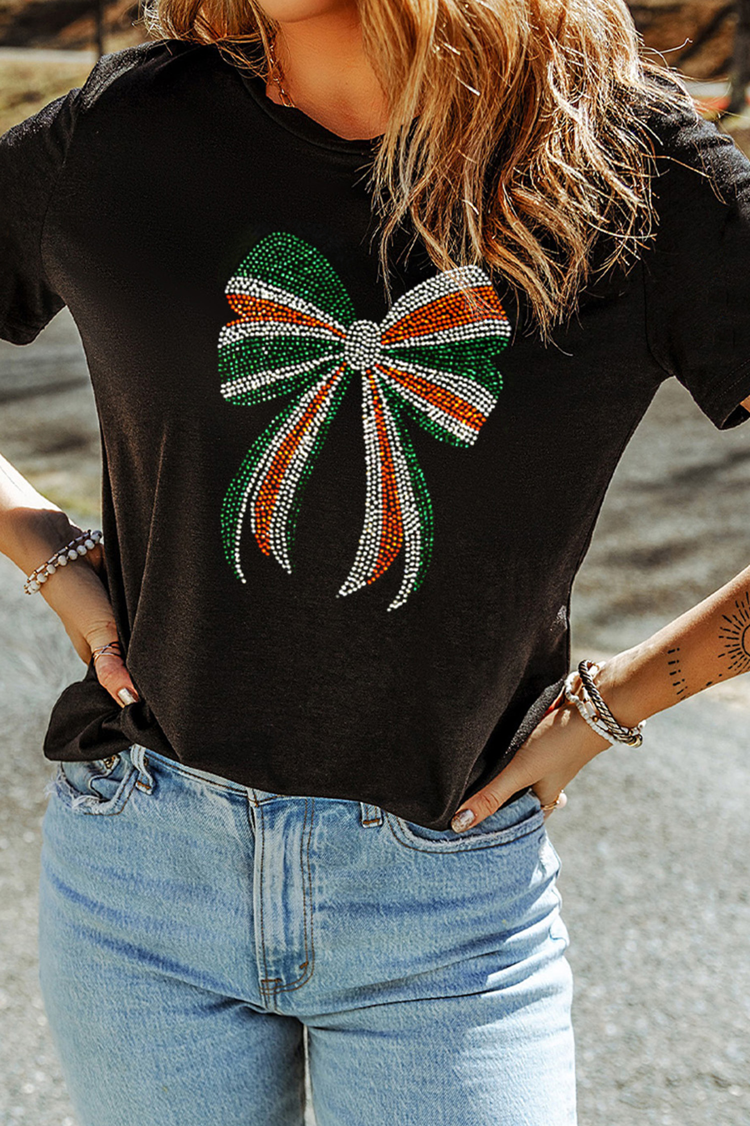 Black St Patricks Day Rhinestone Bow Casual Tee - loveforevers