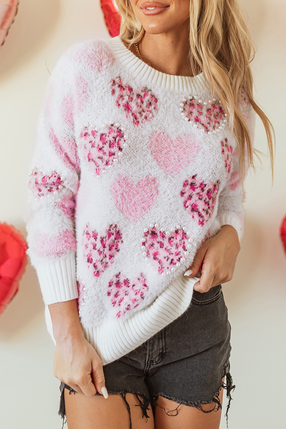 Pink Heart Leopard Print Pearled Ribbed Trim Fuzzy Sweater - loveforevers