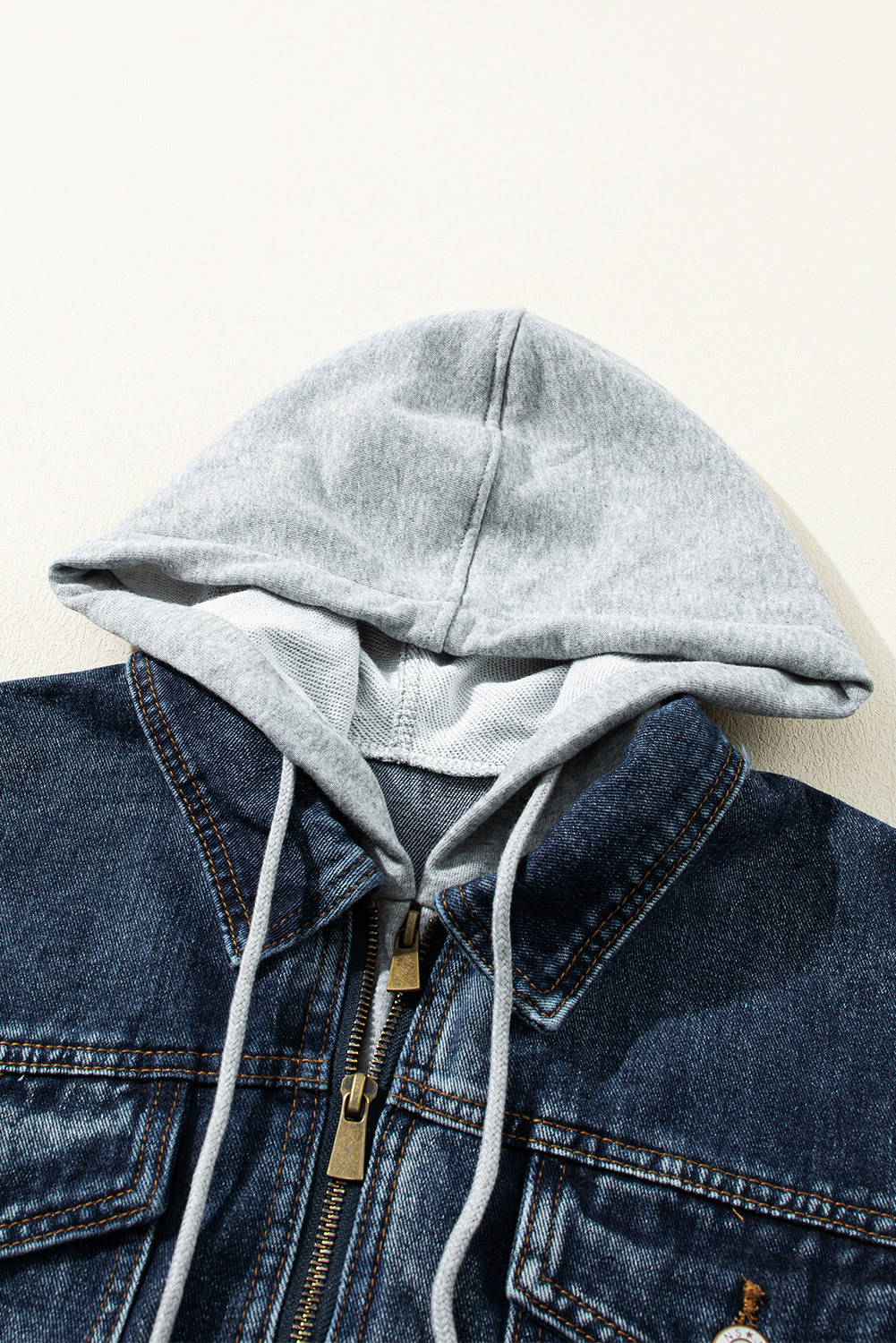 Dark Blue Fake Two-Piece Hooded Zip-Up Denim Jacket - loveforevers