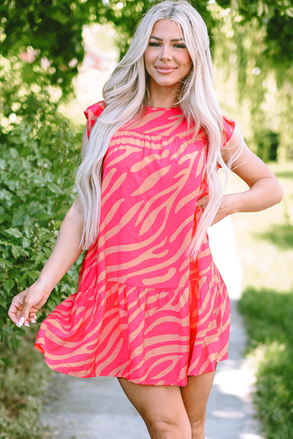 Pink Zebra Stripe Printed Ruffle Trim Pocketed Dress - loveforevers
