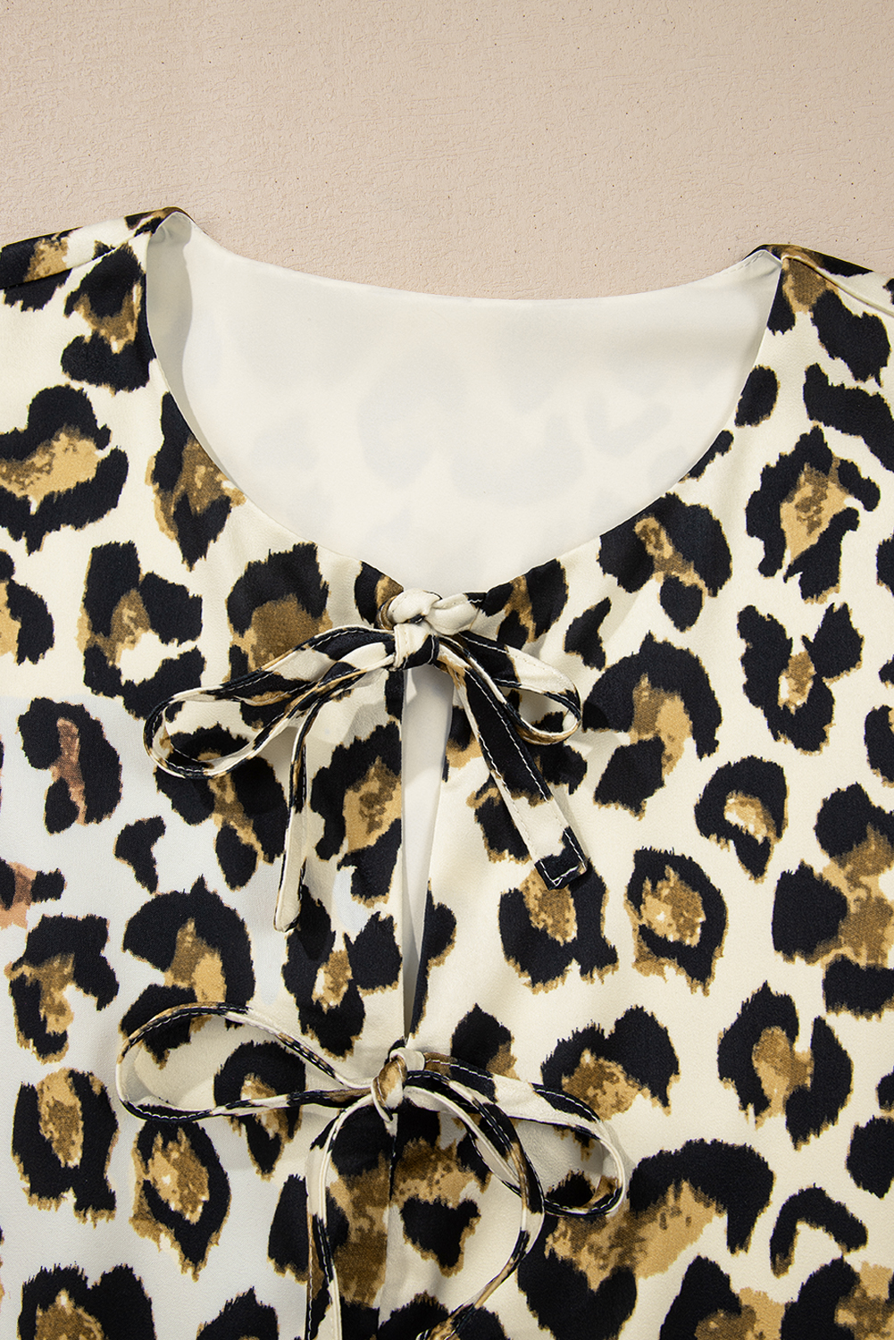 Apricot Leopard Bubble Sleeve Bow Tie Front Peplum Blouse - loveforevers