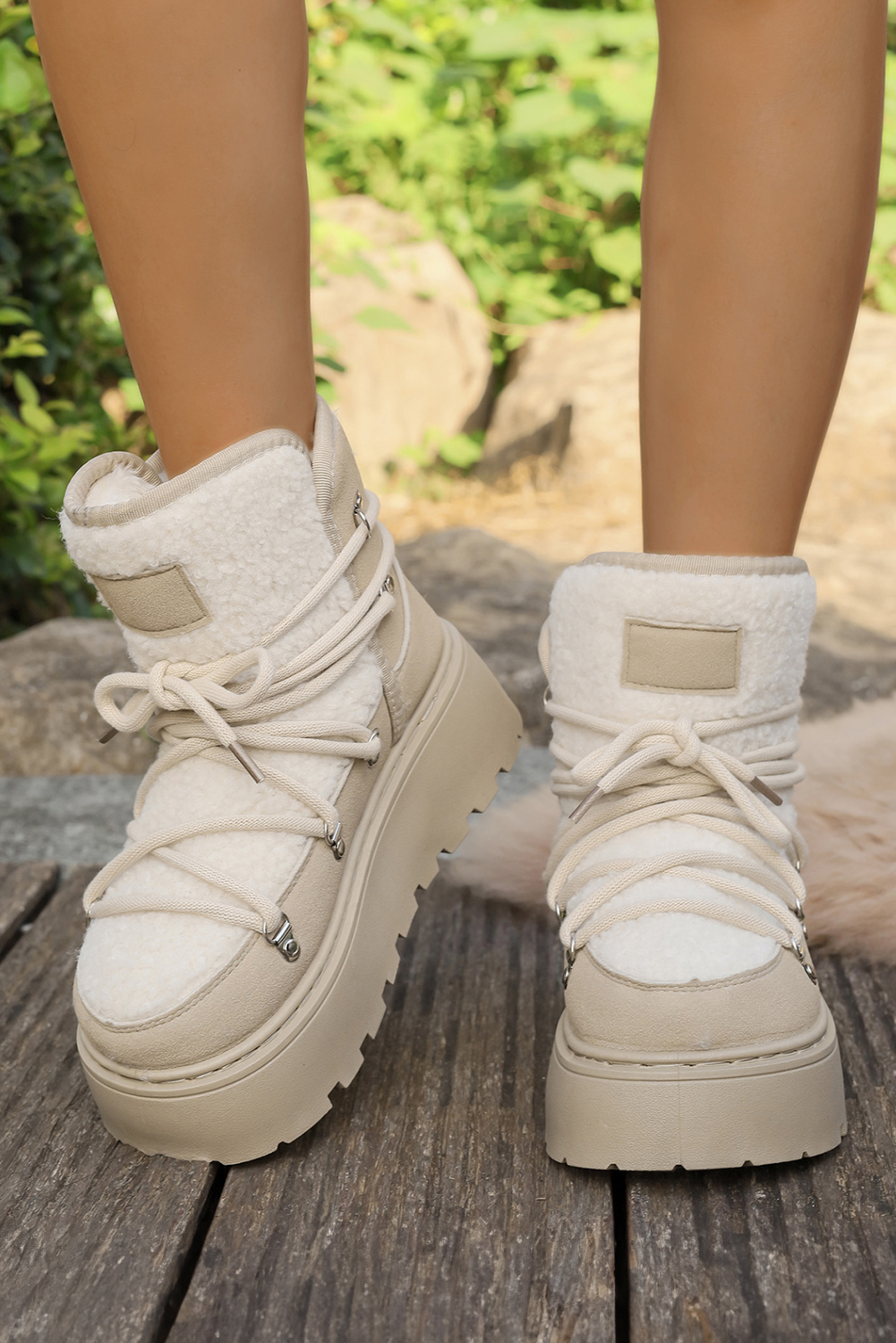 White Sherpa PU Leather Patchwork Lace-up Thick Bottom Snow Boots - loveforevers