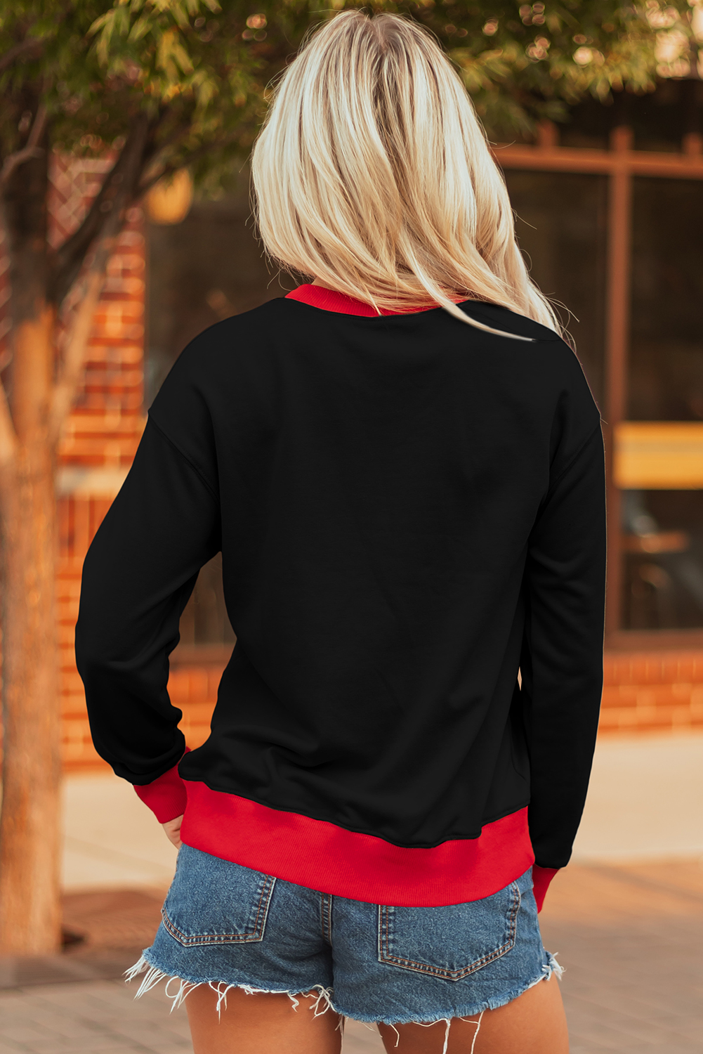 Black GAME DAY Letter Graphic Varsity Striped Detail Baggy Sweatshirt - loveforevers
