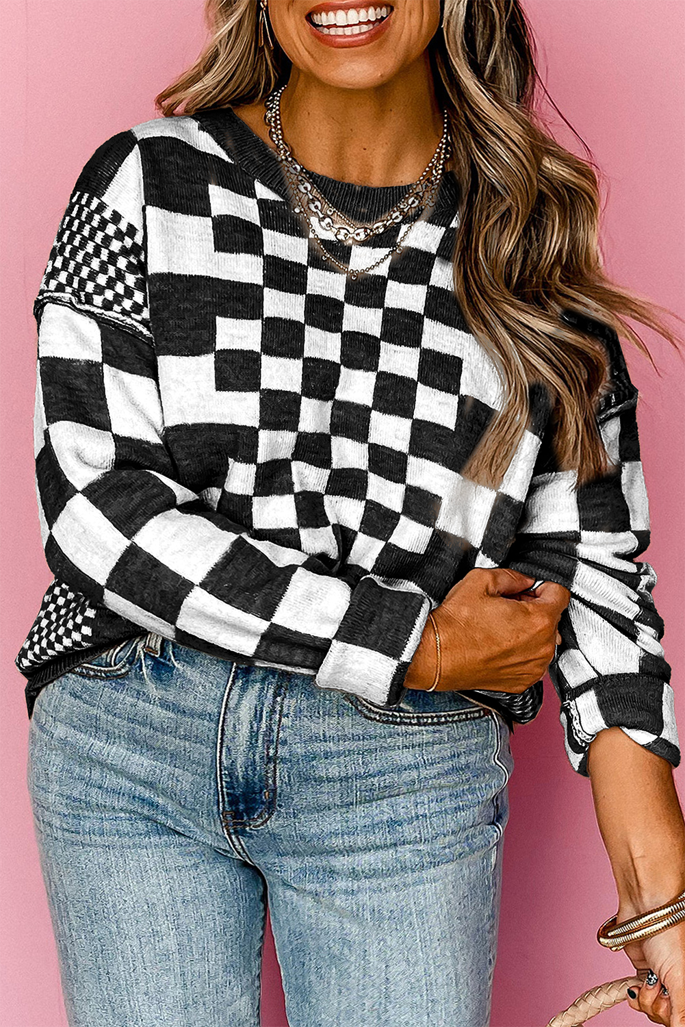 Khaki Checkered Print Drop Shoulder Round Neck Sweater - loveforevers