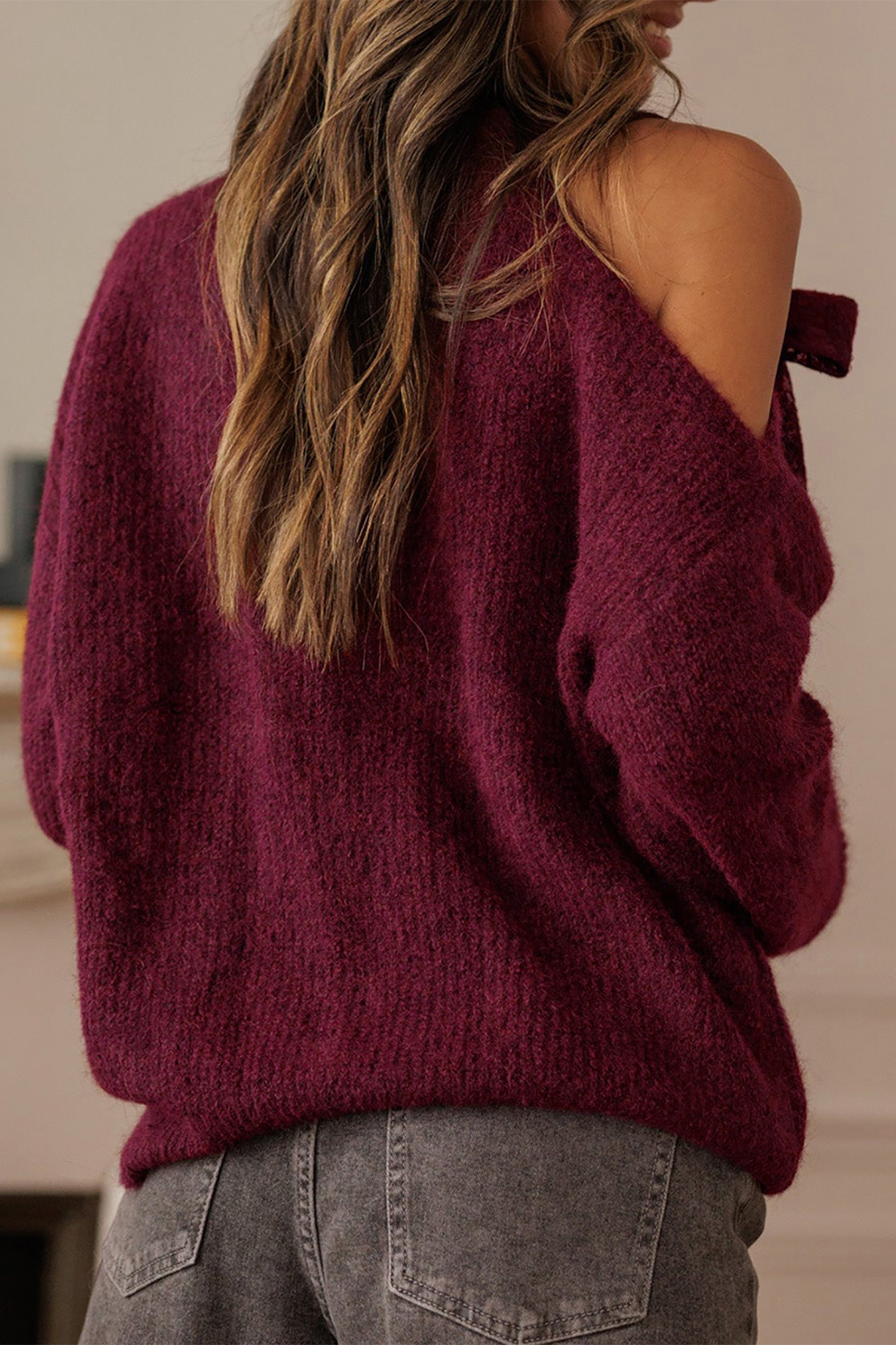 Burgundy Lace Bowknot Asymmetric Neck Sweater - loveforevers