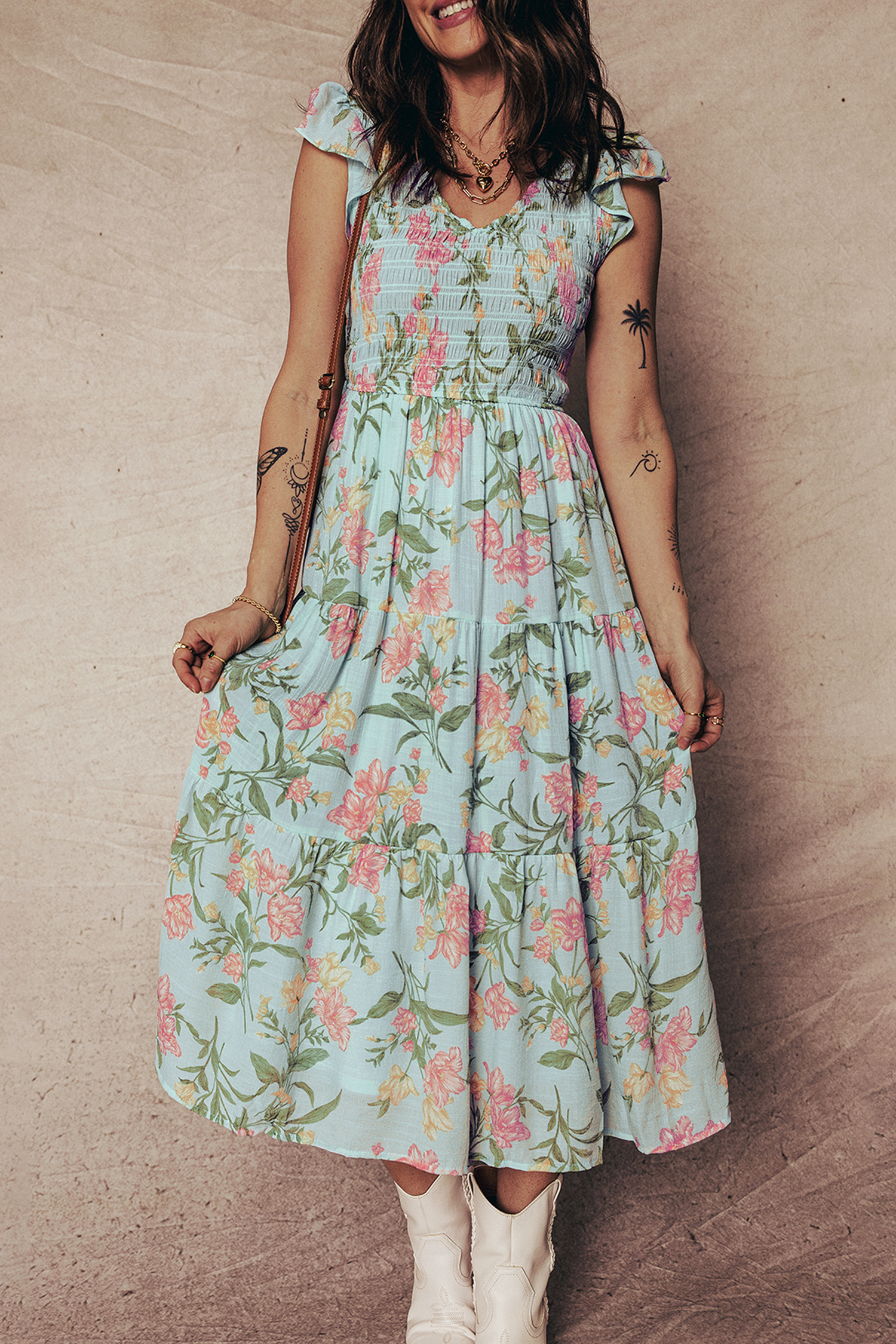 Yellow Smocked Bodice Ruffled Sleeveless Tiered Floral Maxi Dress - loveforevers