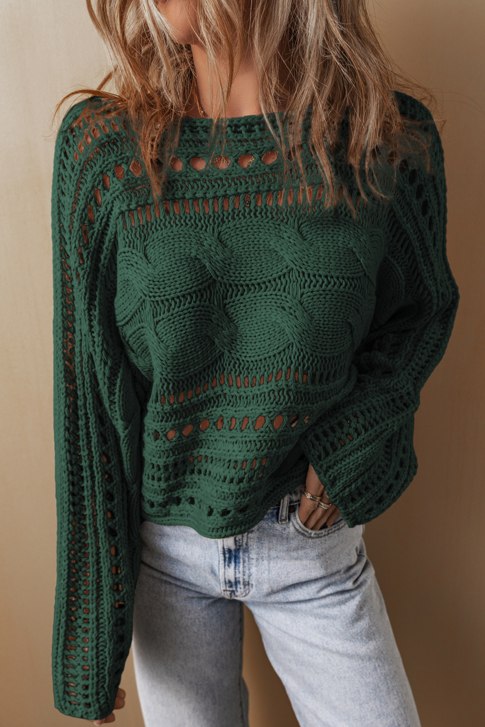 Blackish Green Hollow-out Cable Knit Cropped Sweater - loveforevers