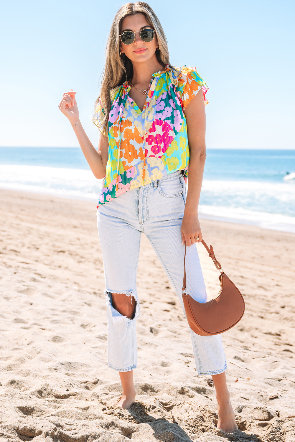 Multicolour Leopard Flutter Sleeve V Neck Crinkled Blouse - loveforevers