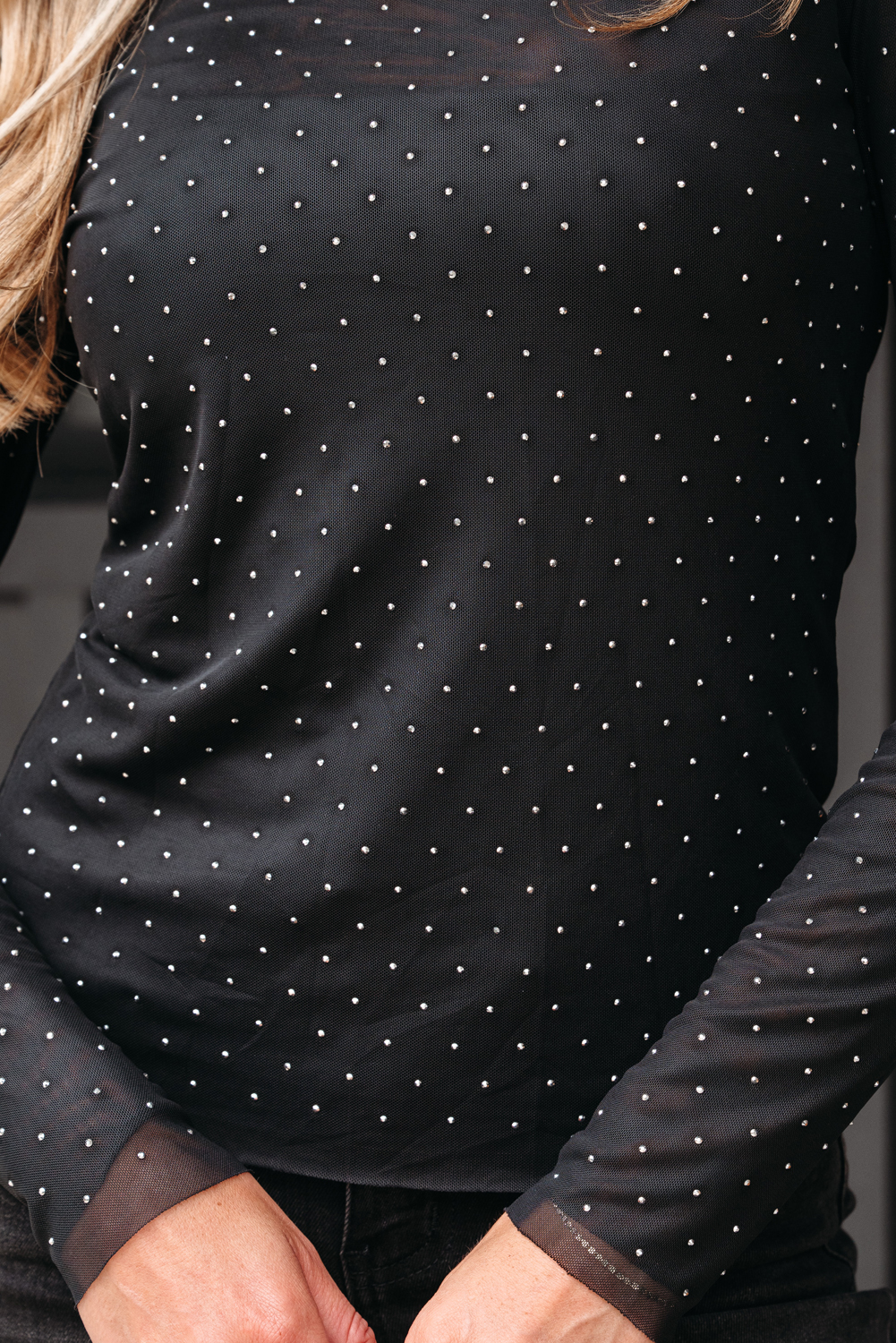 Black Rhinestone Embellished Mesh Long Sleeve Top - loveforevers