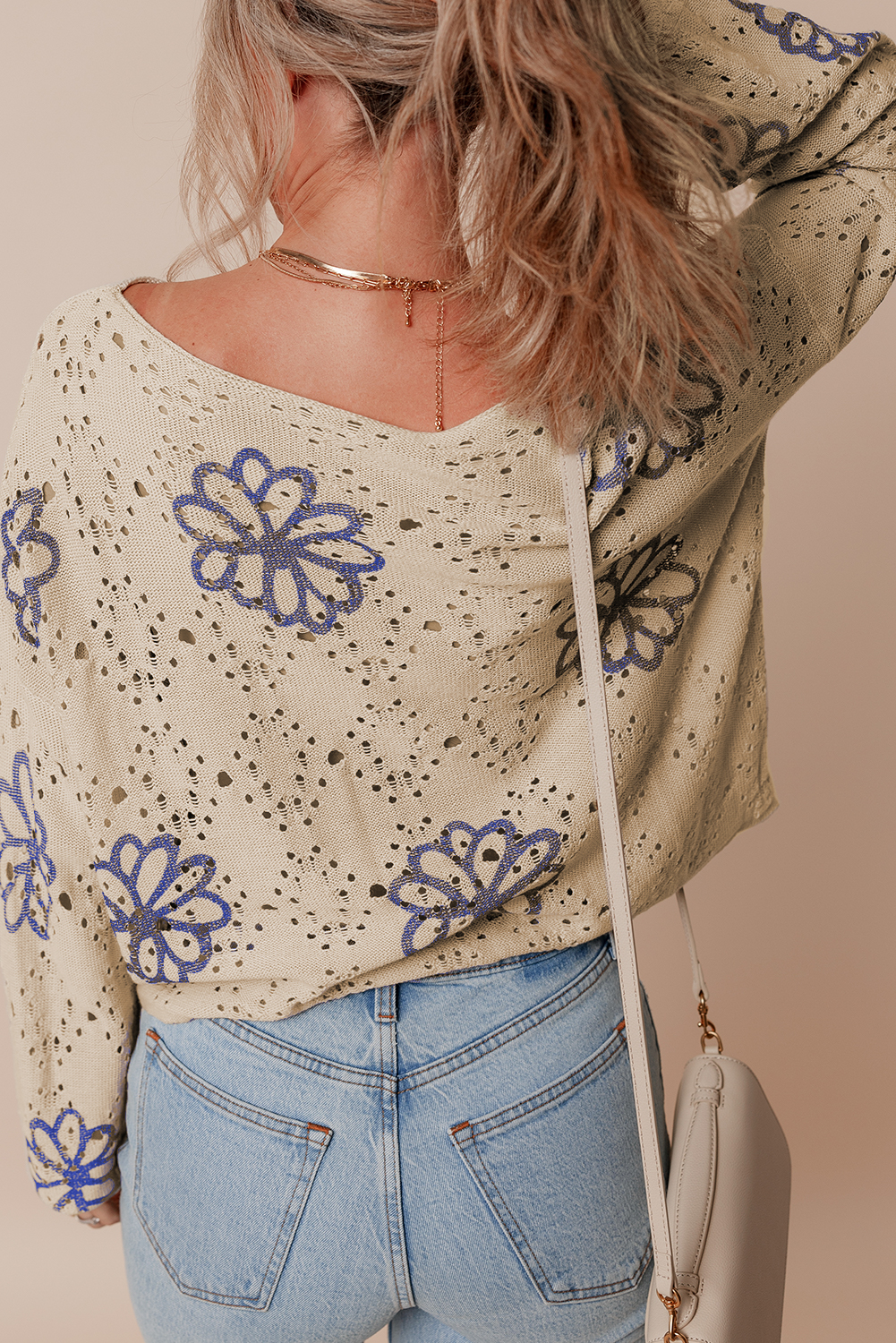Beige Contrast Flower Print Eyelet Drop Shoulder Sweater - loveforevers